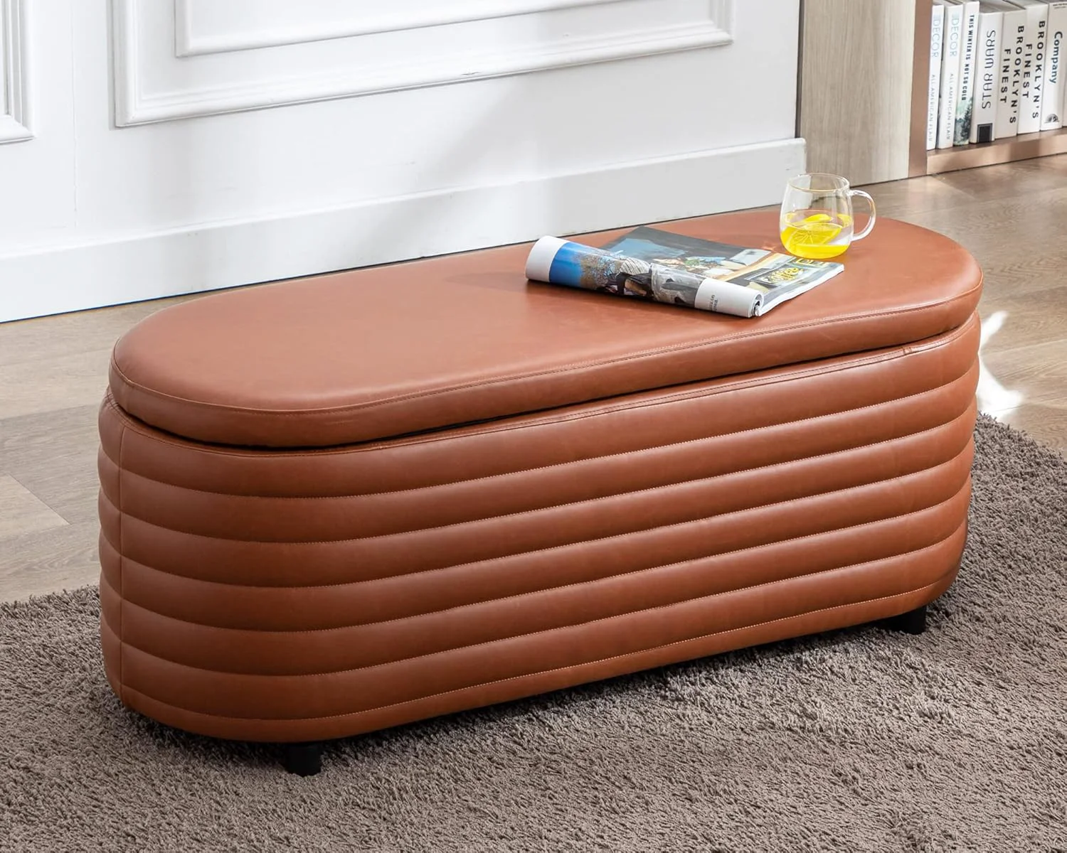 Selected Storage Ottoman Bench Upholstered PU Leather End of Bed Stool with Safety Hinge for Bedroom Living Room Entryway 44.5-inch Brown TN2436 Crafted