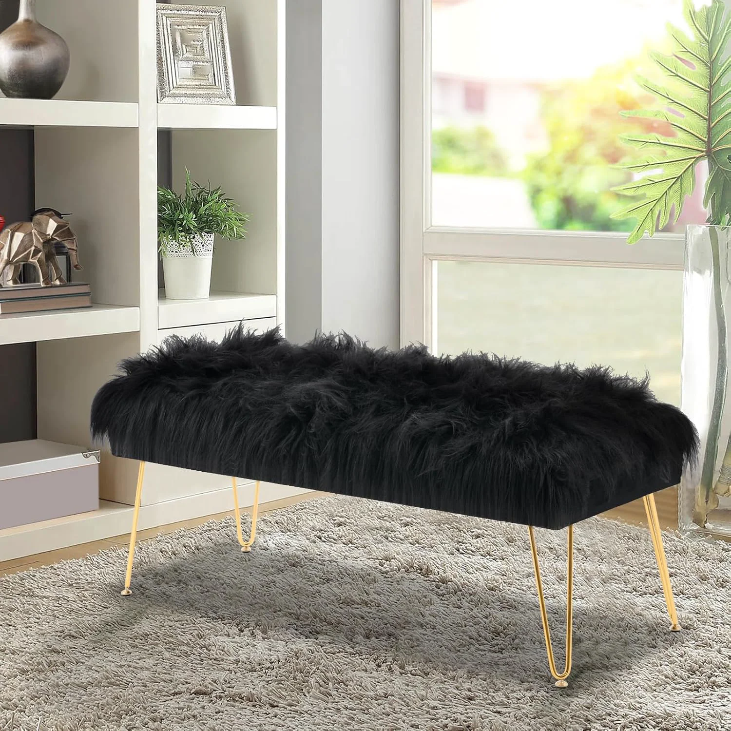 Organic 42.5 Inch Black Bedroom Bench Benches for Bedroom White Faux Fur Upholstered Bed end Bench Tufting Ottoman Bench Indoor Bench with Metal Legs for Living Room Bedroom Entryway Black Elite
