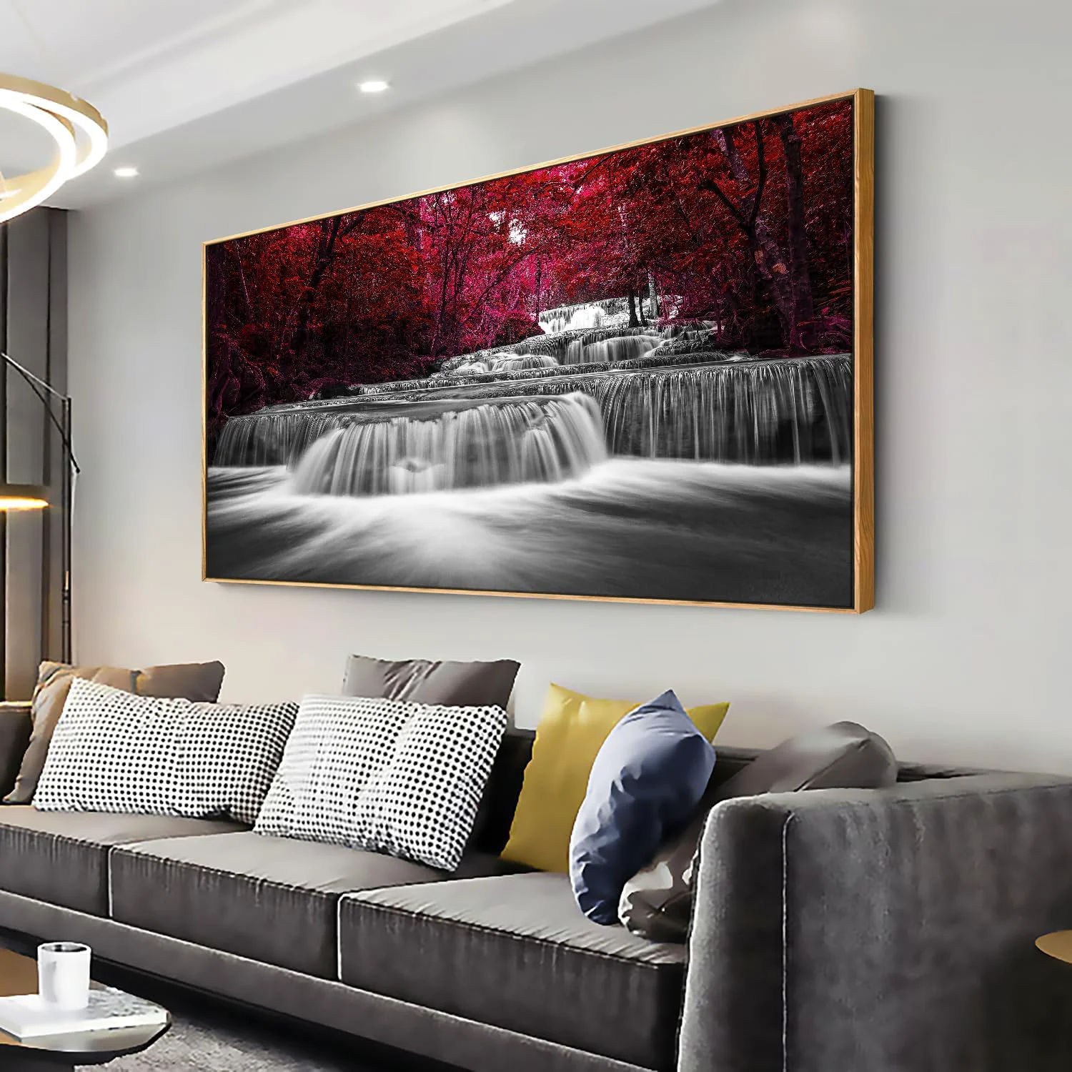 Quality Lasdel Natural Extra Framed Canvas Wall Art of Wide Waterfall Red Leaves Picture For Bedroom Burgundy Nature Black White Artwork Decor Beautiful Maple Leaves Landscape Print Painting 30x60 Long-Lasting