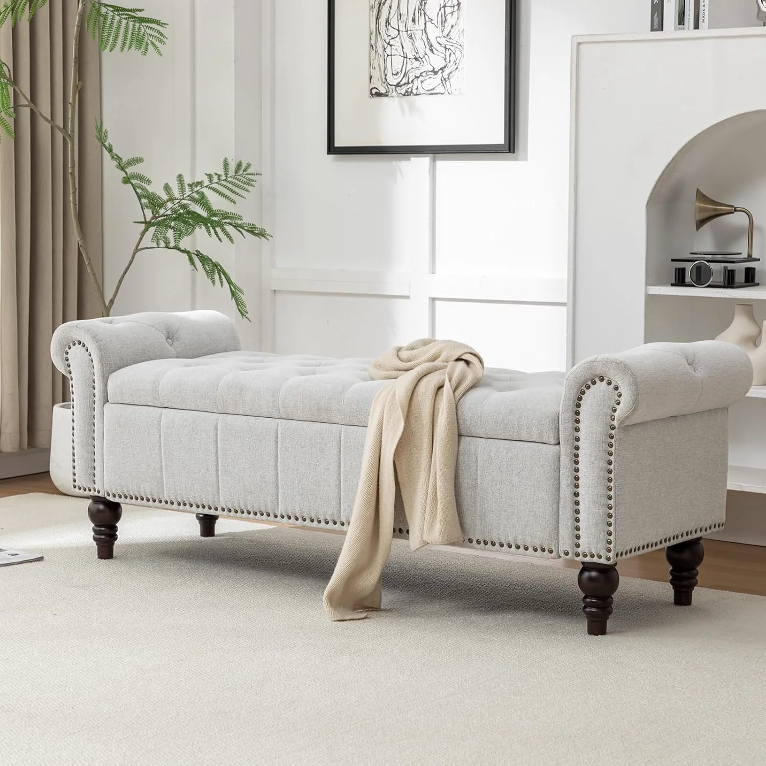 Efficient 58 Storage Bench for Bedroom Upholstered Button-Tufted Ottoman with Solid Wood Legs Queen Size End of Bed Shoe Cabinet Window Seat Foot Rest Stool for Entryway Living Room Silver Smart
