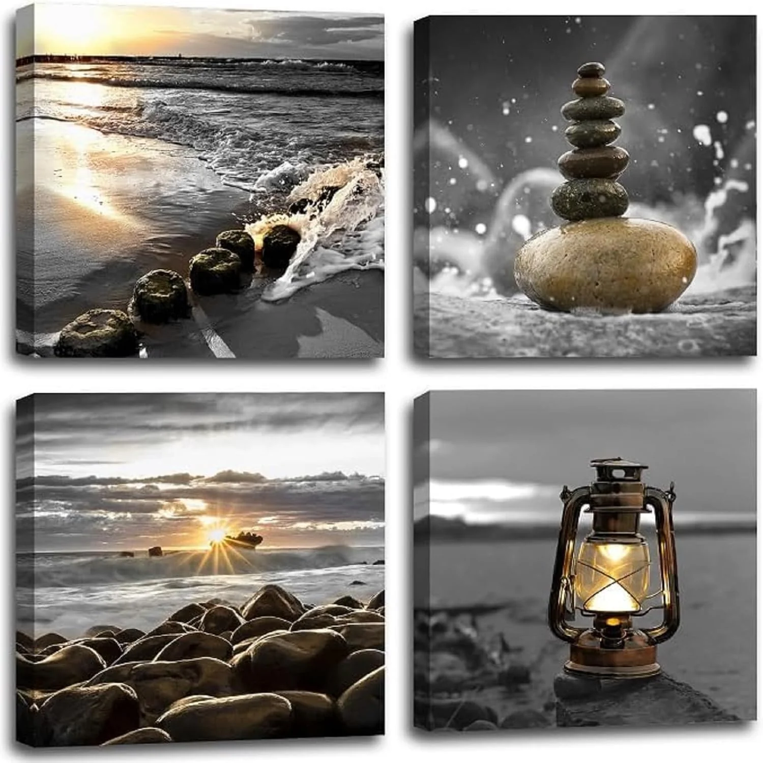 Next-Generation Yxbhhym-Canvas Zen Décor Black and White Beach Wall Art Ocean Poste Seascape Picture Print Sunset Scenery Painting Artwork for Living Room Wall Decor Bedroom Bathroom Wall Home Decorations Framed Carefully Designed