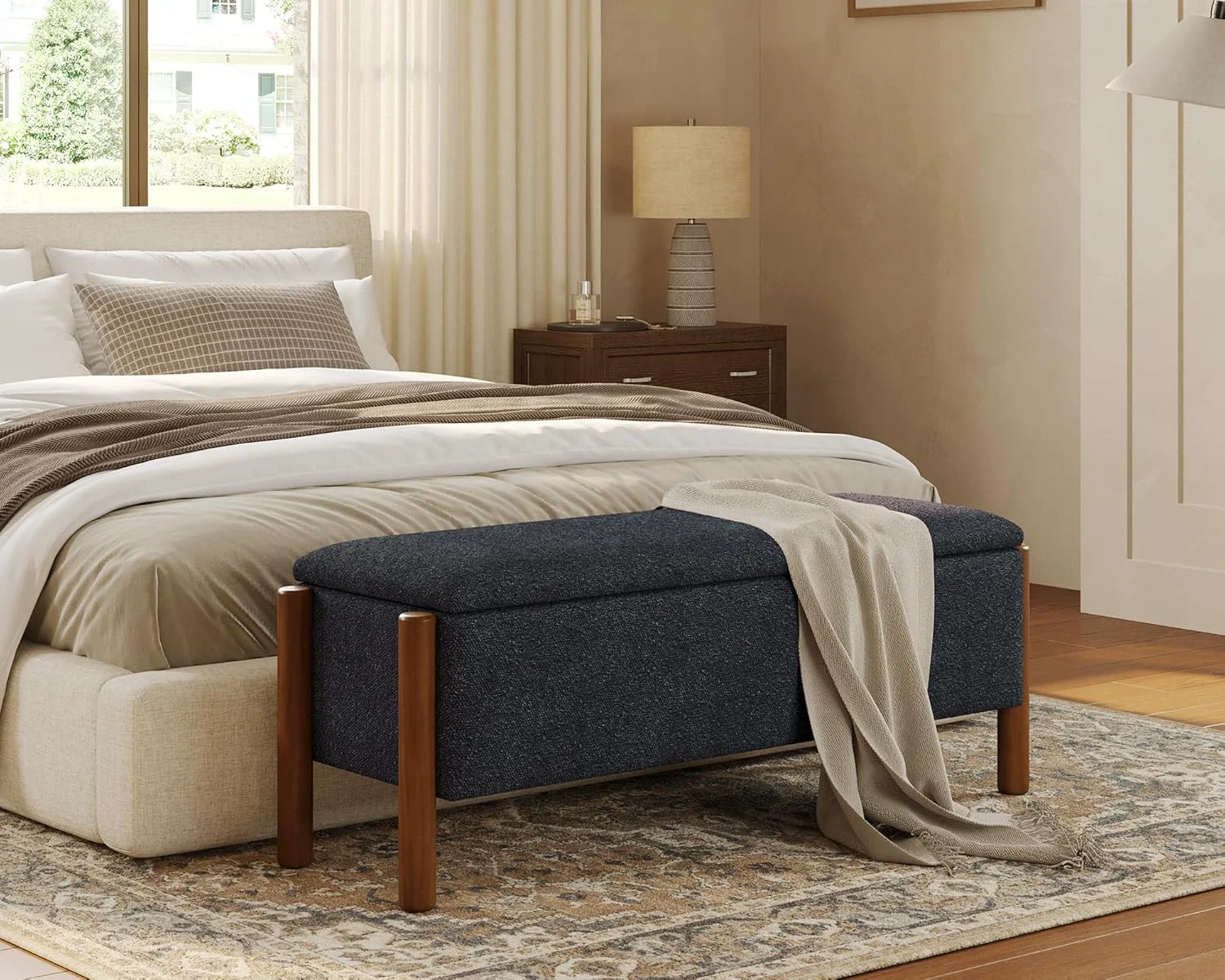 Superior Storage Ottoman Bench End of Bed Bench for Bedroom 47 Boucle Upholstered Entryway Shoe Seat Bench Holds up to 660 lb Storage Ottoman Padded Blanket Chest Stool Foot Rest for Living Room Blue Premium Material