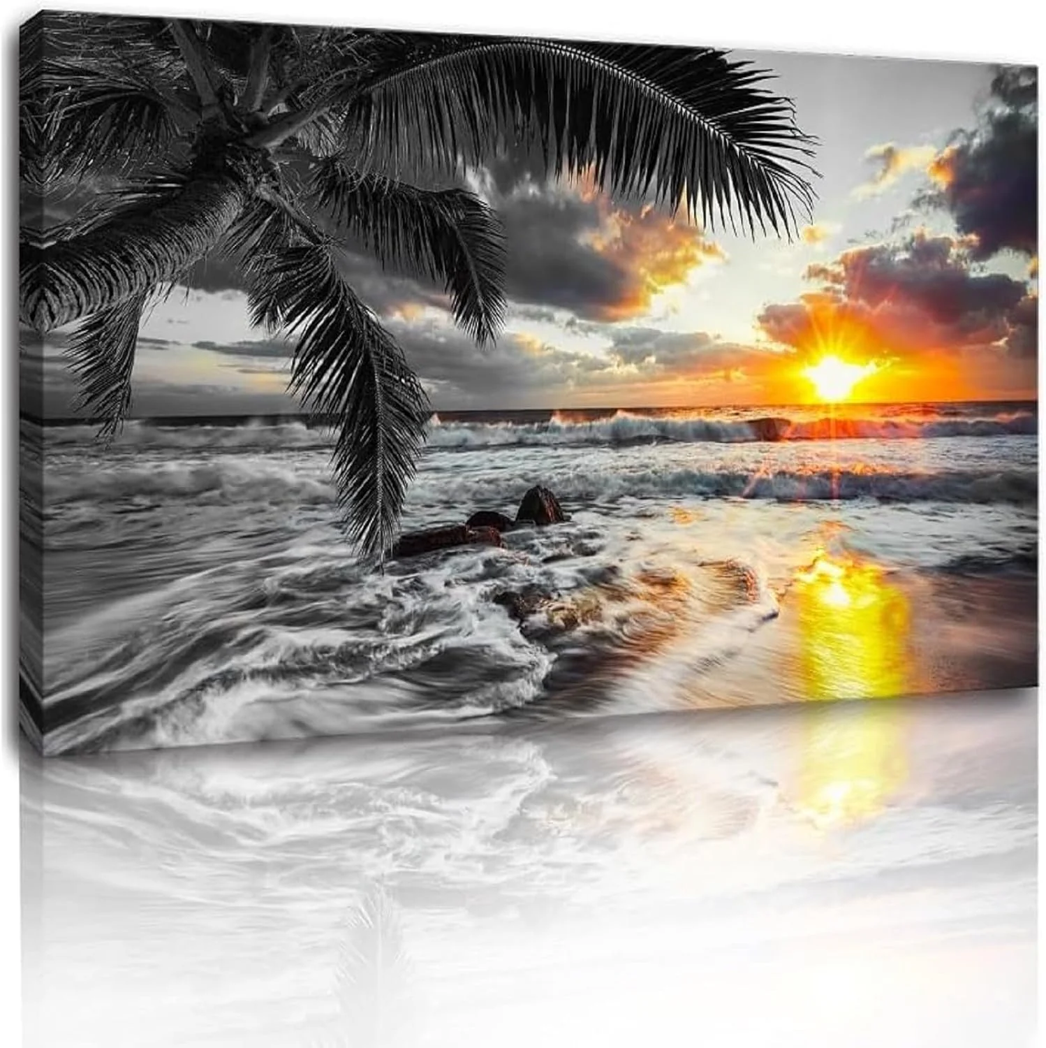 Relaxed Yxbhhym-Large Canvas Ocean Wall Art Black White Gold Wall Art Beach Pictures for Walls Sunrise Seascape Scenery Print Palm Poster Wave Sea Artwork for Wall Art Living Room Office Wall Decor Bedroom Efficient