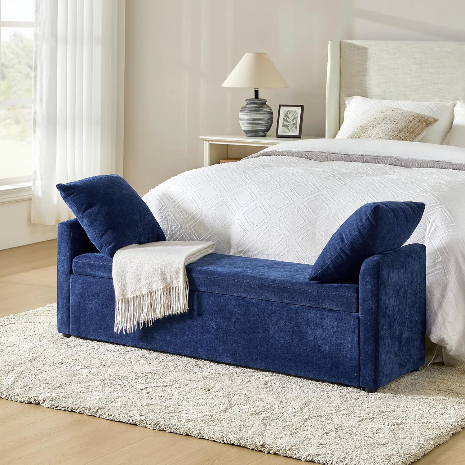 Smart HULALA HOME Modern Storage Ottoman Bench with Throw Pillows 59.4 Extra Long Bedroom Bench for End of Bed Comfy Upholstered Footstool for Entryway Living Room Dining Room Navy Sustainable