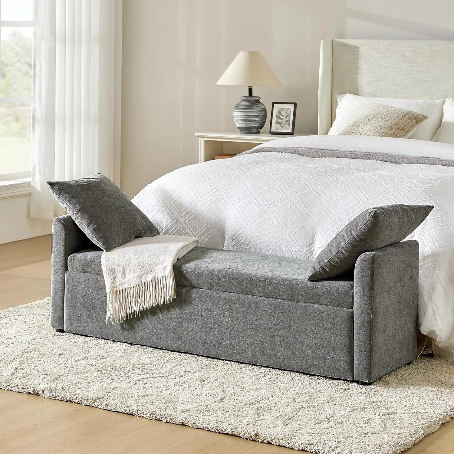 High-Performance HULALA HOME Modern Storage Bench with Throw Pillows 59.4 Extra Long Bedroom Ottoman Bench for End of Bed Comfy Upholstered Footstool for Entryway Dining Room Living Room Charcoal Healthy