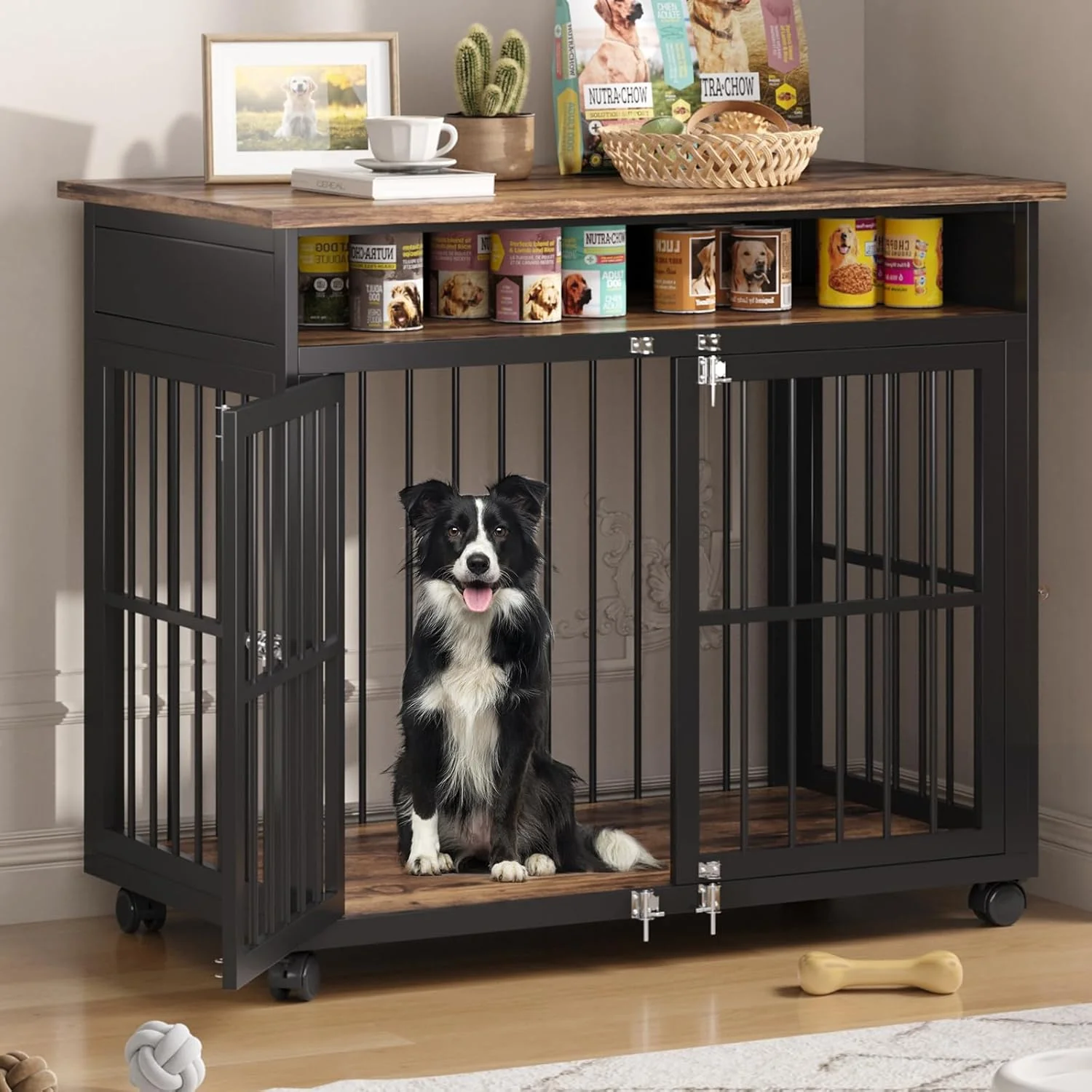 Pure 39.4 Dog Crate Furniture for Medium and Large Breed Dog Kennel Furniture with Storage Shelf Lockable Wheels Heavy Duty Wooden End Side Table Pet Cage Indoor Chew-Resistant Brown Modern