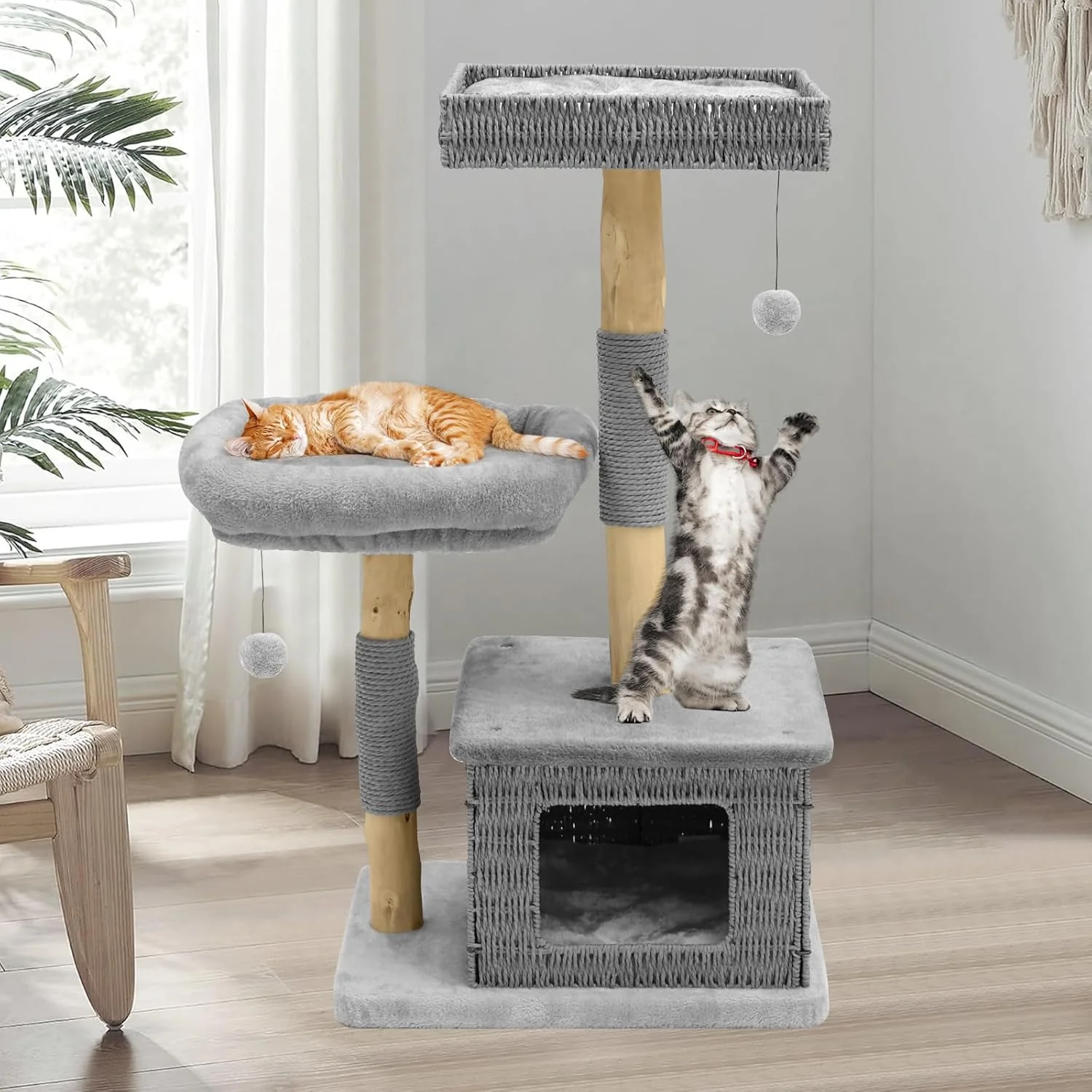 Exclusive Modern Cat Tree for Large Cats - Multi-Level Wooden Tower with Scratching Posts Large Jumping Platforms Hanging Toy - Modern Luxury Cat Furniture for Indoor Cats-Grey Clean