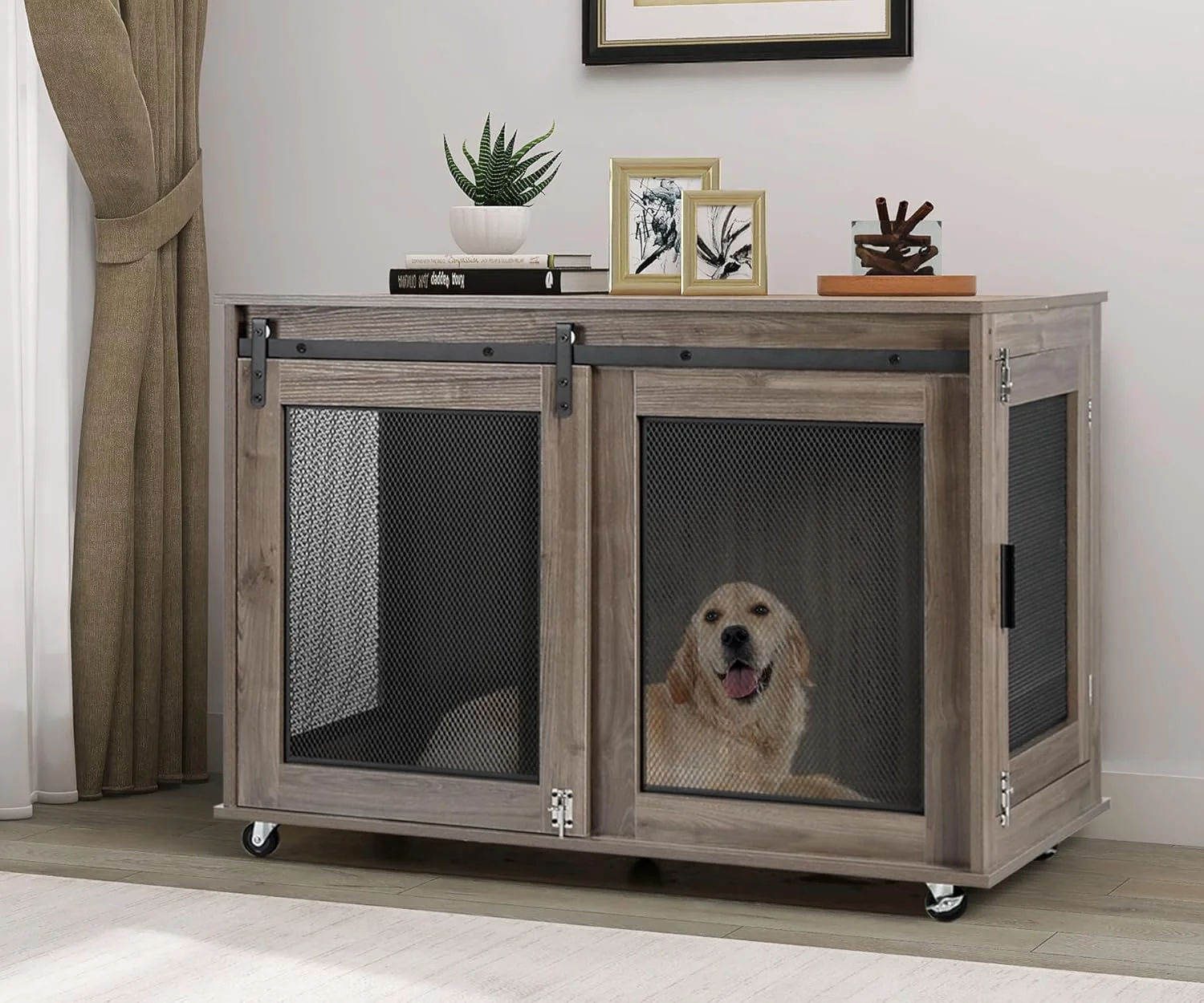 Long-Lasting LINLUX 40 Inch Dog Crate Furniture Wooden Heavy Duty Dog Kennel Indoor Decorative Dog Cage Table for Large Medium Dogs with Sliding Doors Wheels and Flip-top Plate High-End