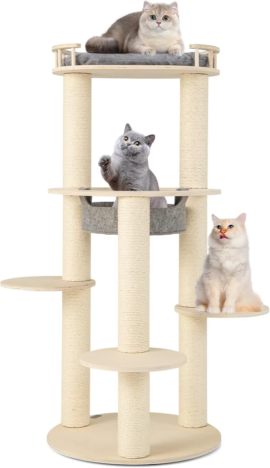 Original Design Tangkula Wood Cat Tree 59 Inch Multi-Level Cat Tower with Top Padded Perch Hammock 3 Platforms Sisal Scratching Posts Large Modern Cat Tree Tower for Indoor Cats Kittens 59 Inch Refined