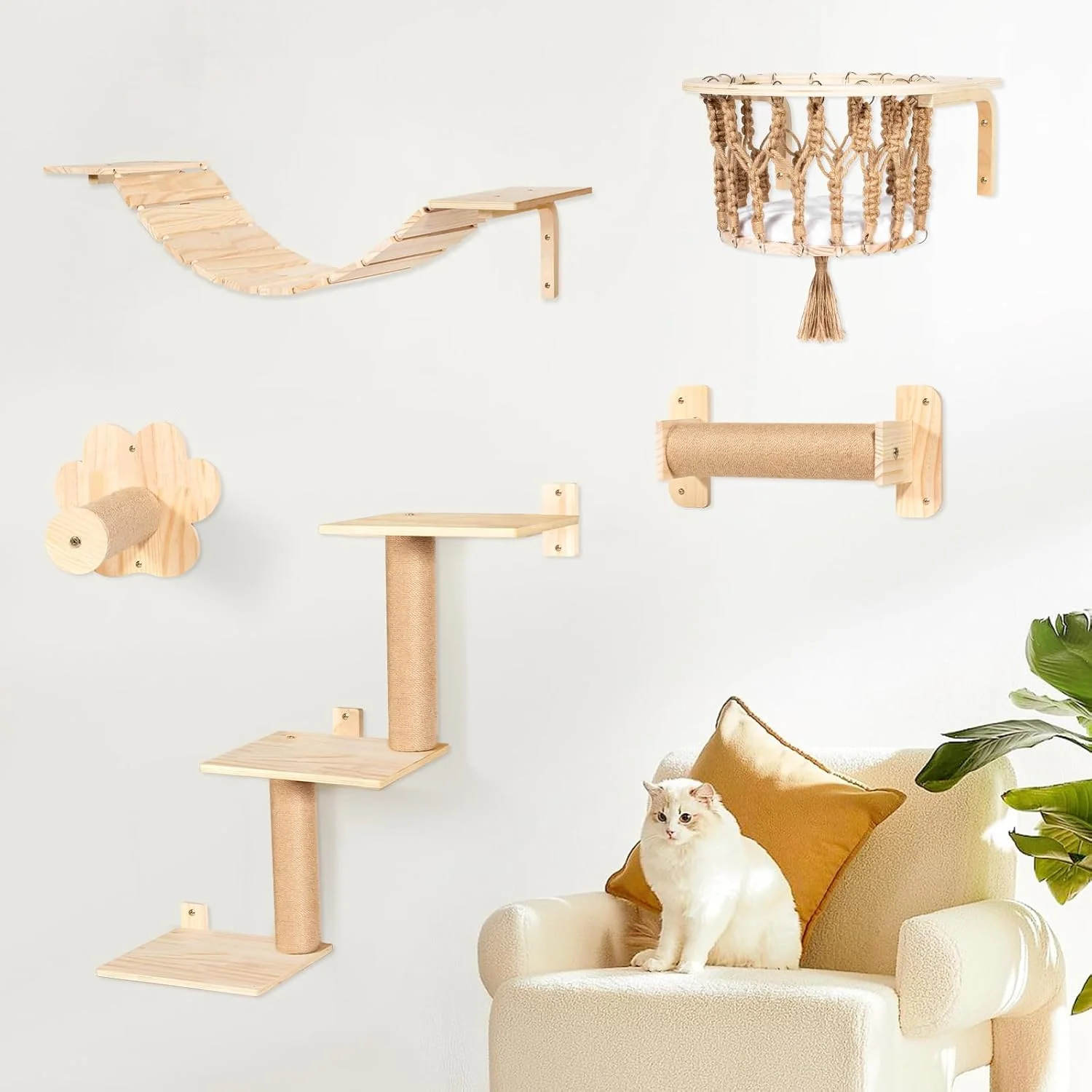 Lightweight Cat Wall Shelves and Perches Wall Mounted Cat Furniture with Hammock Bridge Tree Steps and Scratching Posts Wooden Climbing System for Indoor Large Cats and Kittens Authentic
