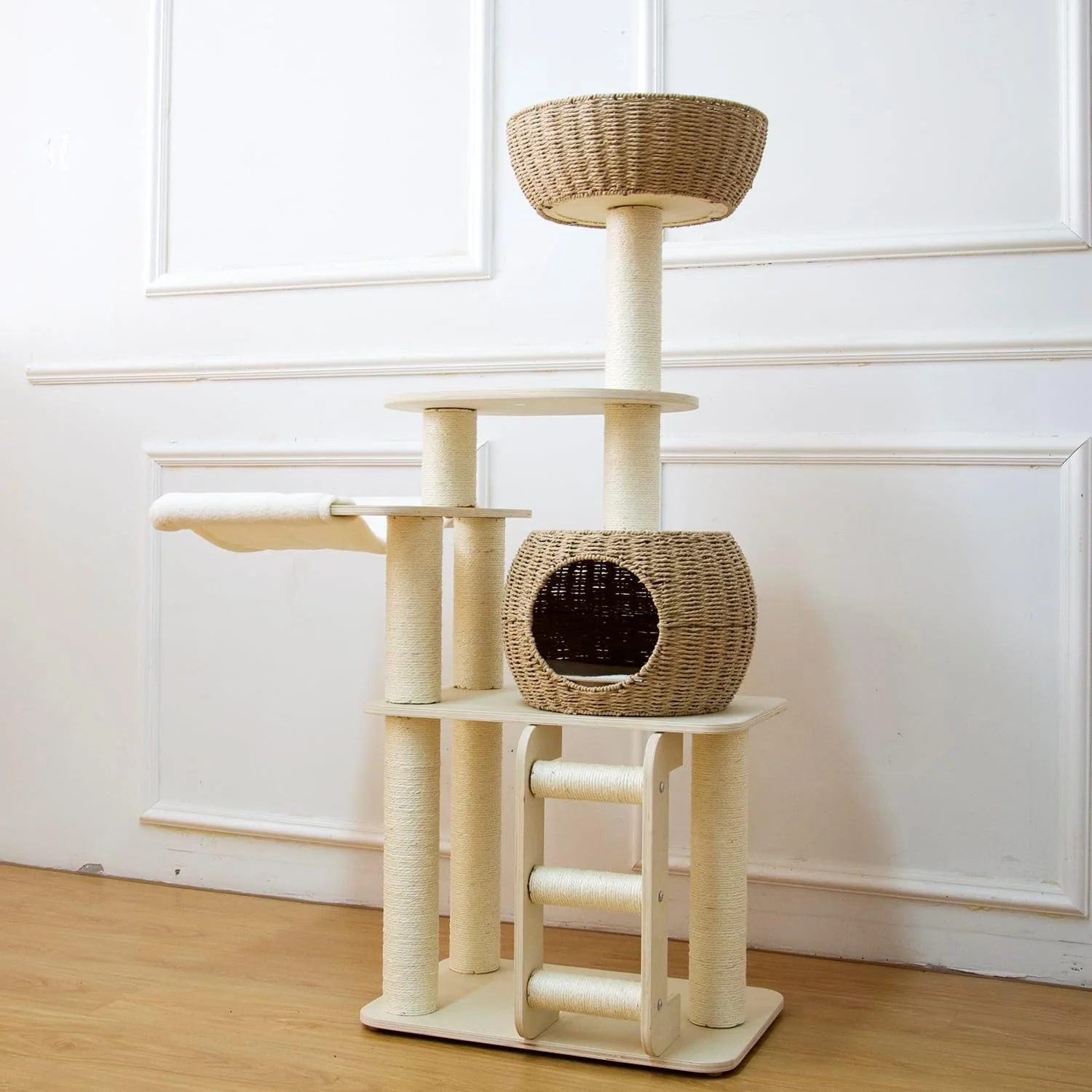 Selected 54 Inch Cat Tree for Indoor Cats Tall Wooden Cat Tower with Scratching Posts Rattan Condo and Perch Multi-Level Cat Climber Stylish Pet Furniture Breathable