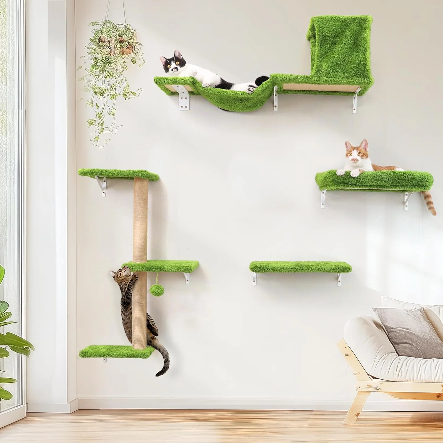 Original Design FUKUMARU Cat Wall Shelves Stable Safe 4 in 1 Cat Furniture Set Wooden Climbing Wall with Scratching Post Bridge and Bed Stylish Jungle Gym for 16 Inch Drywall - Green Official