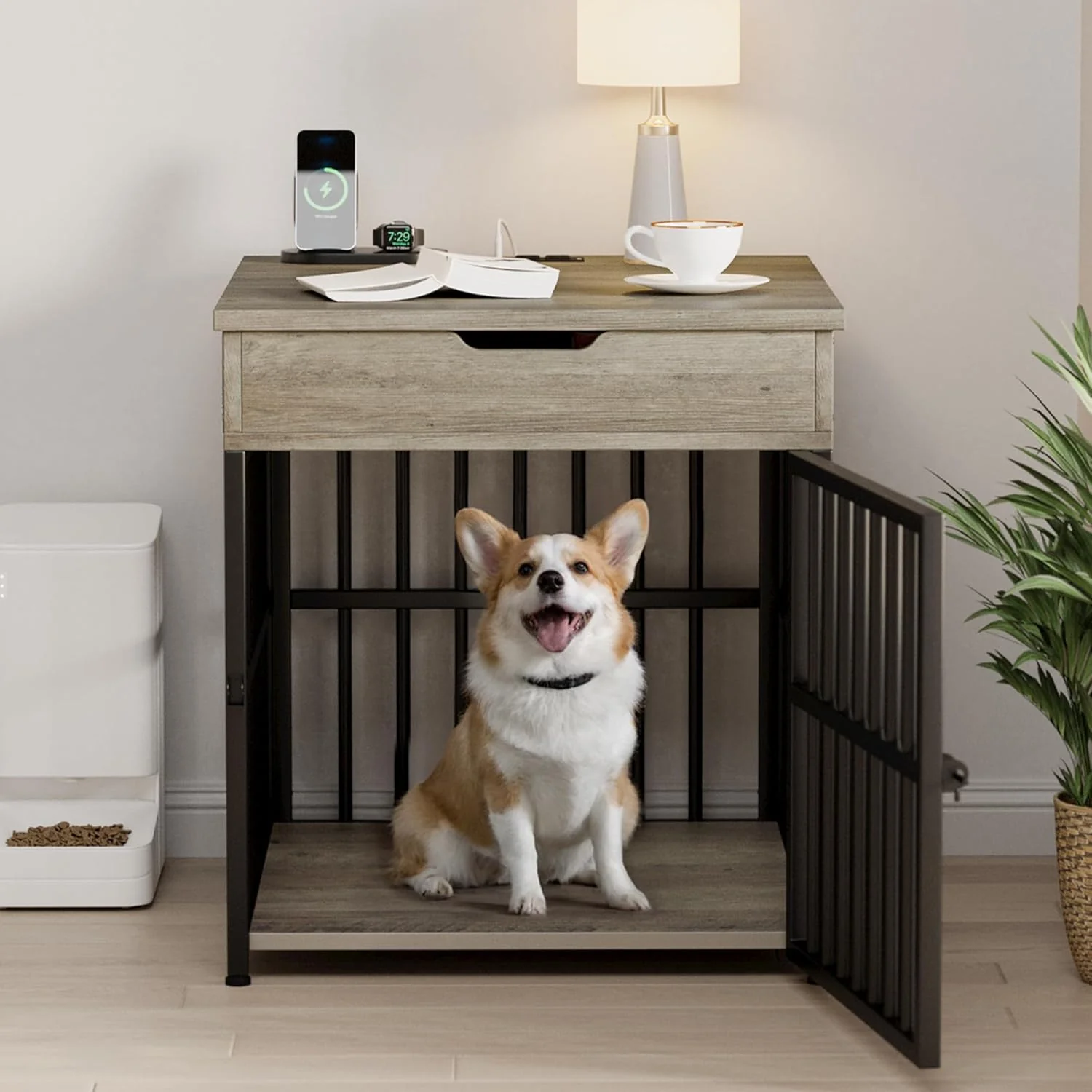 Professional IRONCK Dog Crate Furniture for Small Dogs Wooden Dog Kennel with Flip Top Drawer Indoor Pet Crate End Table with Charging Station Steel-Tube Dog Cage Gray Reliable