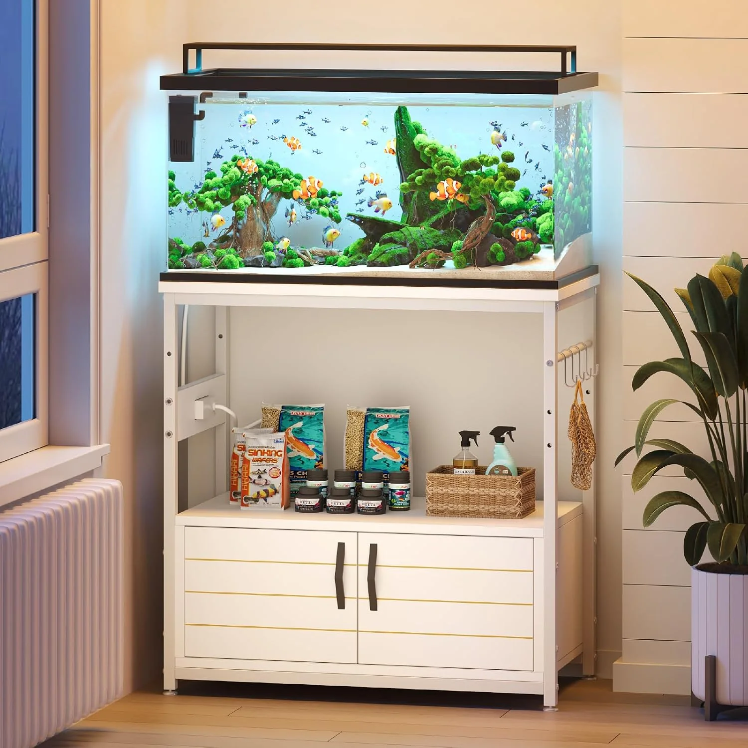 Relaxed ier 20-29 Gallon Fish Tank Stand with Power Outlets Metal Long Aquarium Stand with Storage Cabinet 31x15 Reptile Terrarium Stand with Horizontal Gold Line Stainless Hooks 350 Lbs White Unique