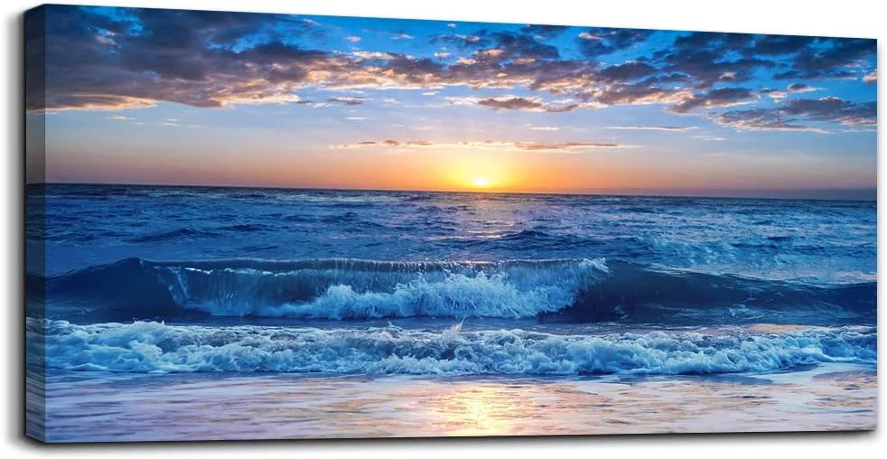 Lightweight canvas wall art for living room Blue Ocean Sea sun landscape painting bathroom Wall Decor Ready to Hang for Home Decorations office family bedroom kitchen Works canvas Prints pictures 24 x 48 inch Fast