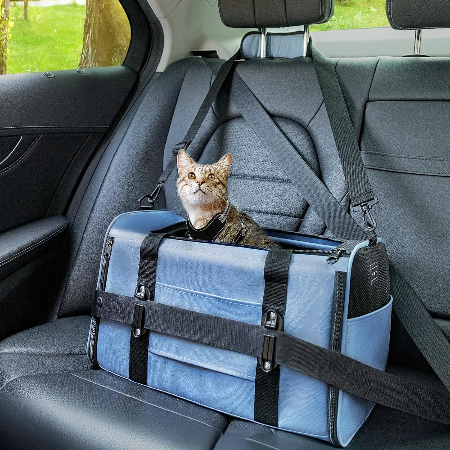 High-Quality PETSFIT Soft-Sided Cat Carriers Car Seats with Patent Safe Buckles Clip-On Harness，18 x11 x11 Airline Pet Carrier - 9 lbs Capacity Blue Flexible