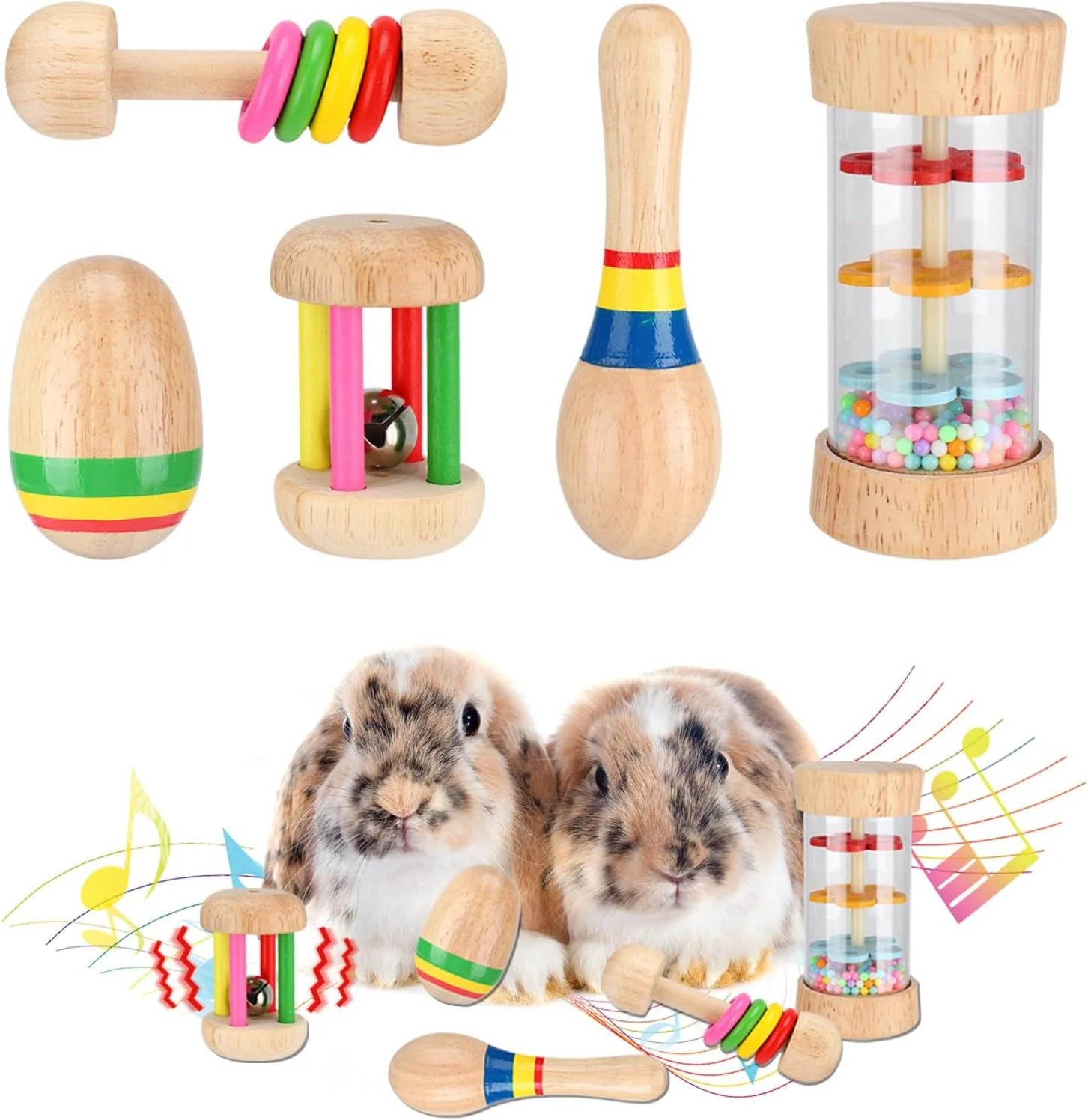 Reliable MEWTOGO 5 Pcs Wooden Bunny Toys - Safe Rabbit Toys Multi-Colored Bite-Resistant Guinea Pigs Toys for Chinchillas Hamsters Small Animals Playing Indoor Outdoor Bunny Gifts Sustainable