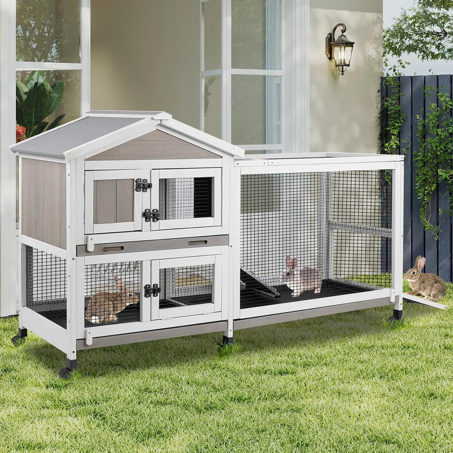 Reliable Rabbit Hutch Outdoor Indoor Bunny Hutch with Run 2-Story Large Rabbit Cage on 6 Wheels 3 Leak Proof Trays Ramp Waterproof Roof for Small to Medium Animals Expandable Design Exclusive