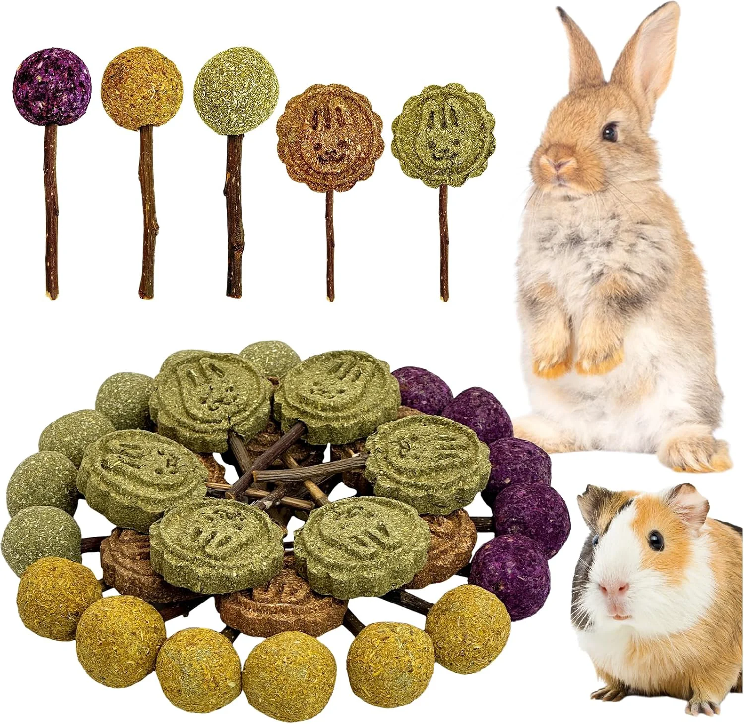 Pure Fhiny Rabbit Chew Toys 30 PCS Natural Bunny Lollipop Chew Sticks Handmade Guinea Pig Molar Treats for Teeth Small Animals Snacks for Guinea Pig Bunny Chinchilla Hamster Gerbil Teeth Care Safe