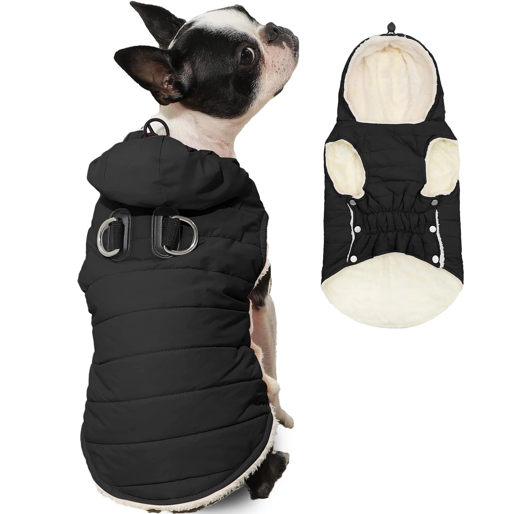 Dependable Vecomfy Fleece Lining Dog Hoodie with Harness Built in Extra Warm Small Dog Jacket in Winter Puppy Coats with Drawstring Hooded Black M Certified