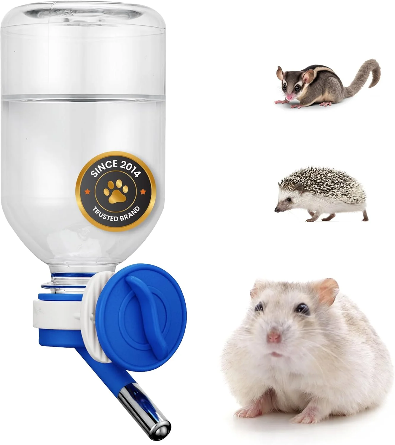 Proven Choco Nose Patented Mini No-Drip Water Bottle Feeder for Hamsters Hedgehogs Gliders Rats Mice Other Small Pets and Animals - for Cages Crates or Wall Mount. 10.2oz. Nozzle 10mm Blue C125 Lightweight