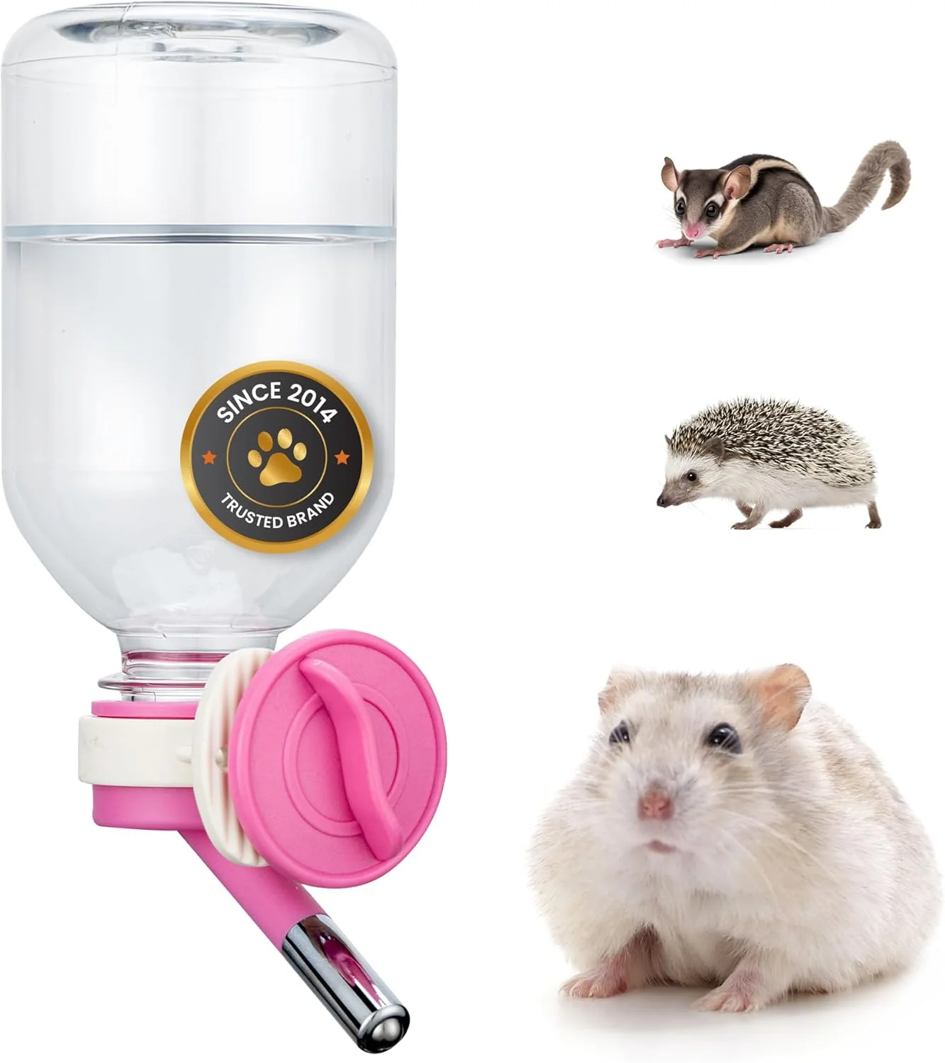 Original Design Choco Nose Patented Mini No-Drip Water Bottle Feeder for Hamsters Hedgehogs Gliders Rats Mice Other Small Pets and Animals - for Cages Crates or Wall Mount. 10.2oz. Nozzle 10mm Pink C125 Prestigious