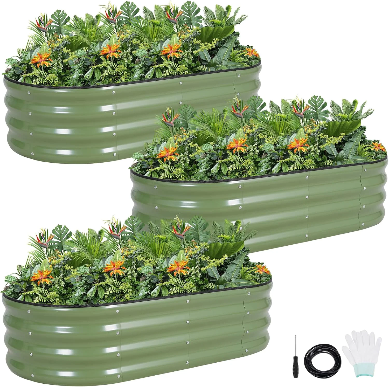 Recyclable G GOOD GAIN Galvanized Metal Raised Garden Bed Kit - 4x2x1FT Outdoor Planter Box with Safety Edging and Gloves for Vegetables Fruits Flowers White 2PC Natural