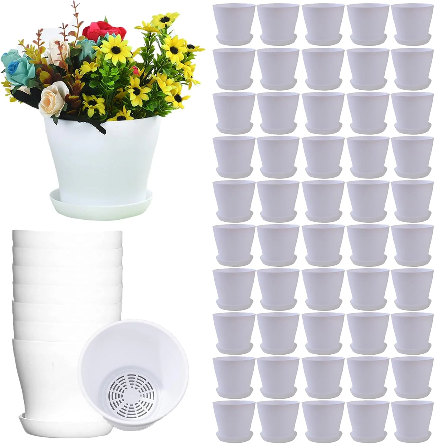 Optimized 50 Pack 4 Inch Plant Pots Bulk Small Plastic Planters Pots with Drainage Holes Flower Pot for Succulent Cactus Herb African Violet 50pcs-White 4Inches Breathable