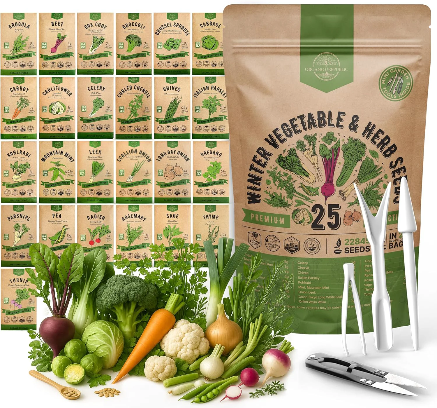 Fine Crafted Organo Republic 25 Winter Vegetable Herb Garden Seeds Variety Pack for Outdoors Indoor Home Gardening 22 840 Non-GMO Heirloom Seeds Broccoli Beet Carrot Cabbage Radish Pea Mint Thyme Parsley Professional