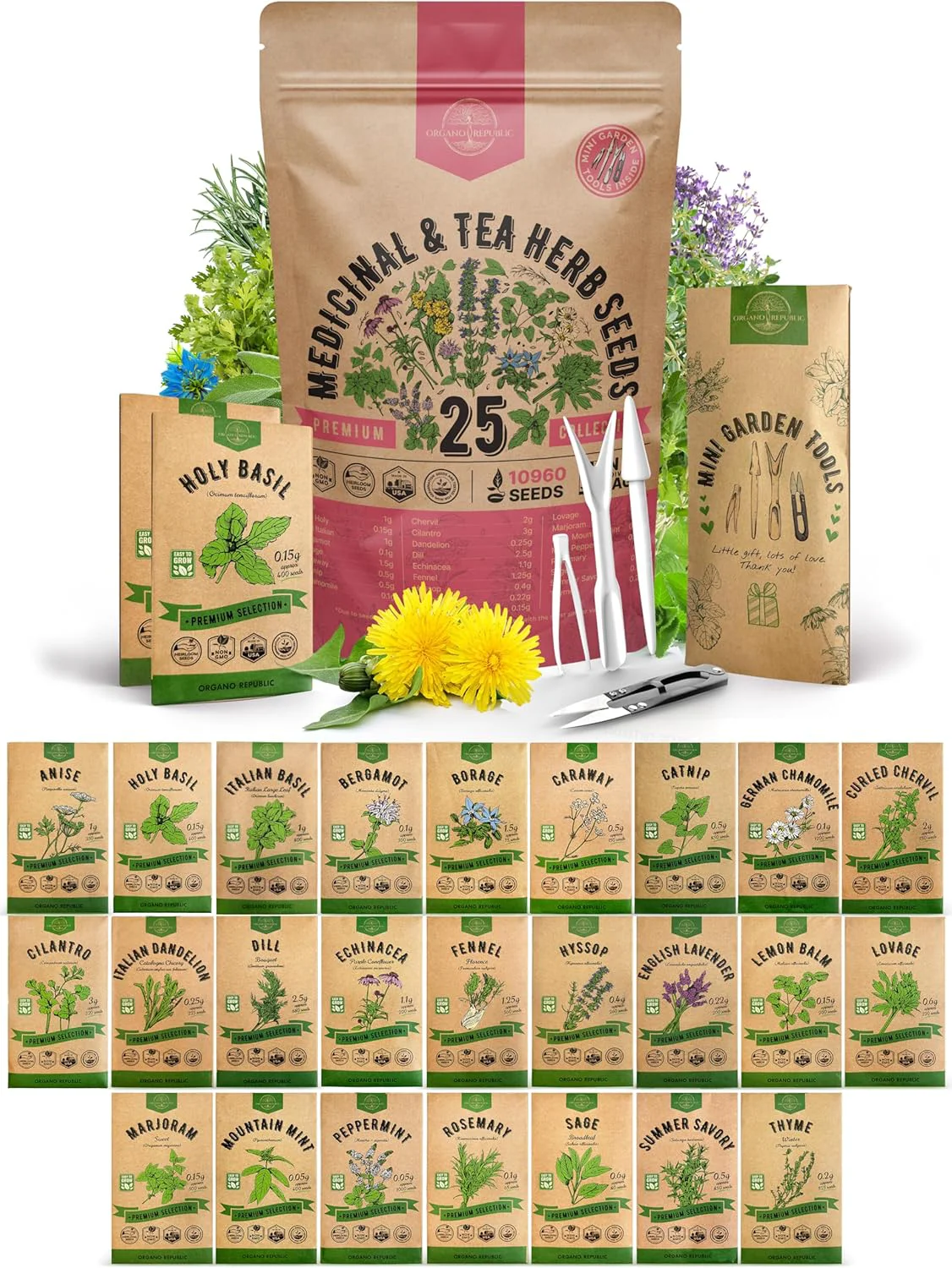 Functional Organo Republic 25 Medicinal Tea Herb Seeds Variety Pack for Indoor Outdoors. 10900 Non-GMO Heirloom Garden Seeds Anise Borage Cilantro Chamomile Dandelion Rosemary Peppermint Seeds Trendy
