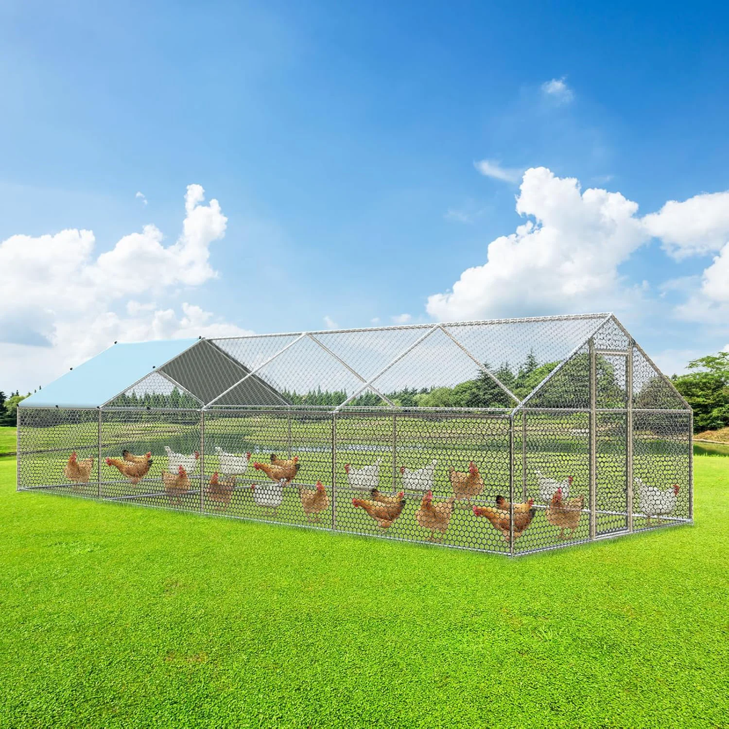 Luxury 4ever2buy Large Metal Chicken Coop with Run Walk-in Poultry Cage Chicken Runs House Pen Cage Spire Roofed Chicken Coops with Anti-Ultraviolet Cover for Outdoor Backyard Farm Use 9.5 Lx24.9 Wx6.4 H Practical