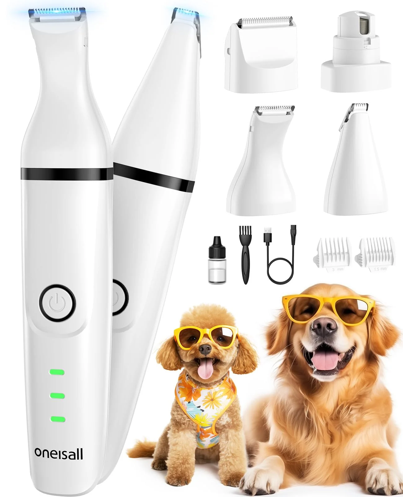 Flexible oneisall 4-in-1 Cordless Dog Grooming Kit with 2-Speed Clippers Low Noise Paw Trimmer Quiet Nail Grinder White Proven