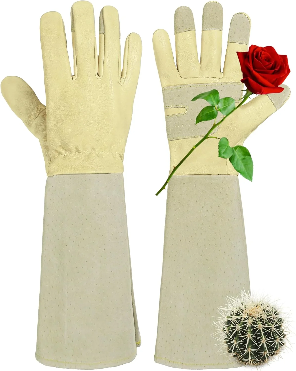 High-Grade HANDLANDY Rose Pruning Gardening Gloves for Men Women Thorn Proof Forearm Protection Leather Garden Gloves Gardening Gifts for Gardeners Beige- goatskin Small Pack of 1 Long-Lasting