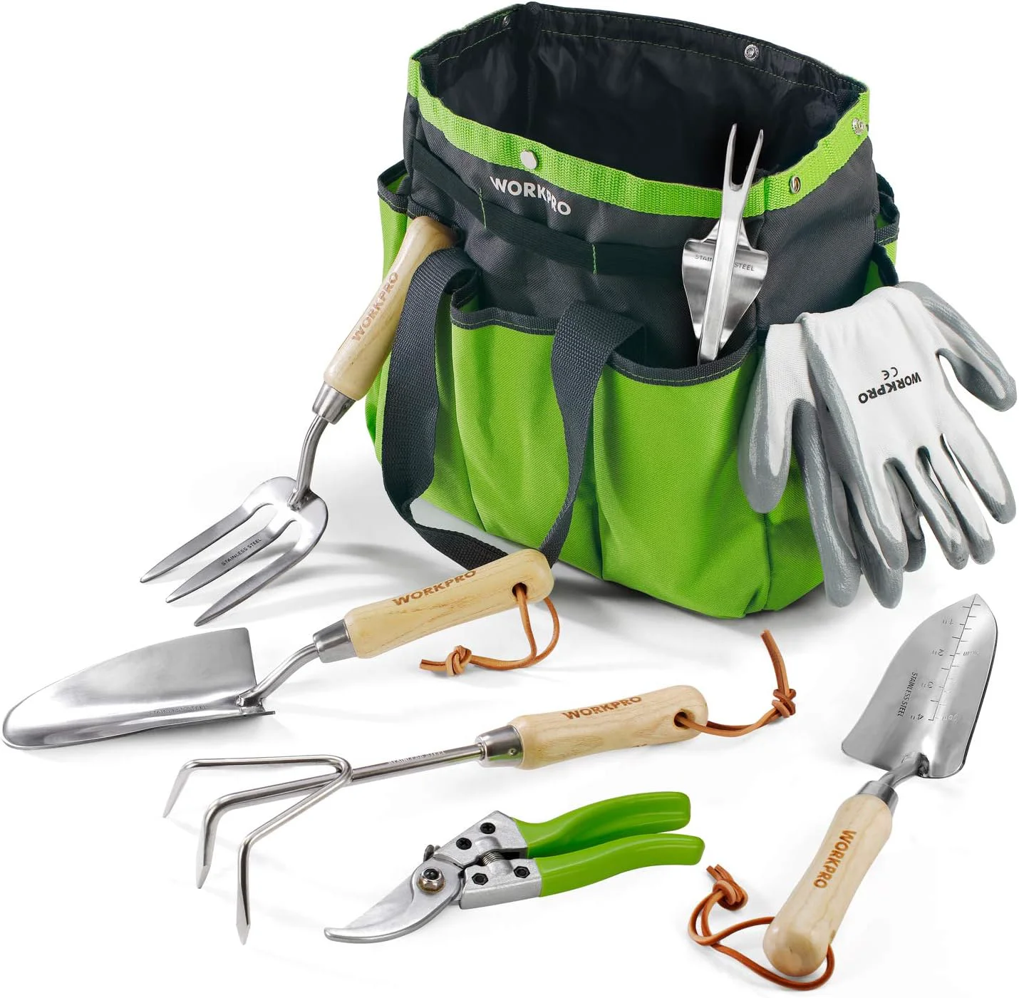 Lightweight WORKPRO Garden Tools Set 8 Piece Stainless Steel Heavy Duty Gardening Tools with Wooden Handle Including Garden Tote Gloves Trowel Hand Weeder Cultivator and More-Gardening Gifts For Women Men Fast