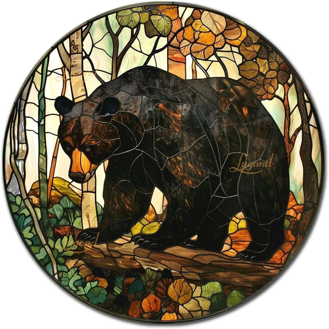 Reusable Lygond Metal Sign Tin Sign Circular Stained Glass American Black Bear Funny Outdoor Decor for Gift 12×12 Inches Responsible