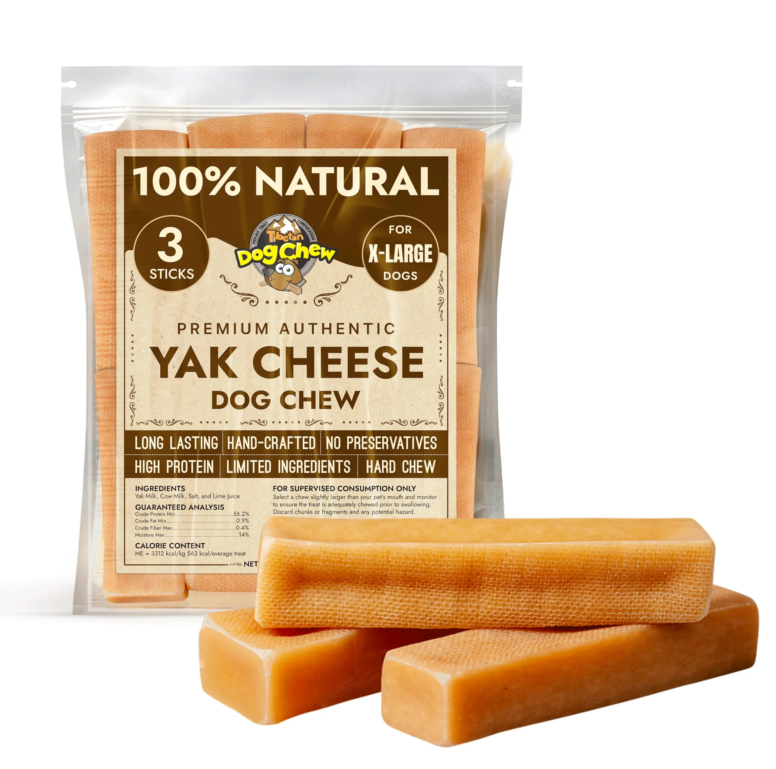 Original Tibetan Dog Chew Yak Cheese Sticks – Extra Large Dogs Long-Lasting Grain Gluten 3 Durable Chews