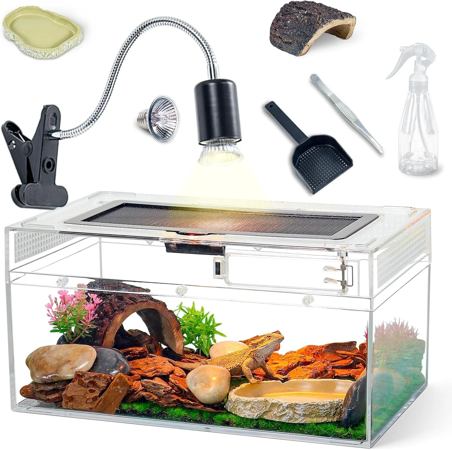 Fine 12.5''×6''×7'' Reptile Tank Kit with Heat Lamp Spray Bottle Shovel Tweezers Food Bowl Hideout - for Geckos Snakes Lizards Turtles Jumping Spider Milk Frog Hermit Crabs Powerful