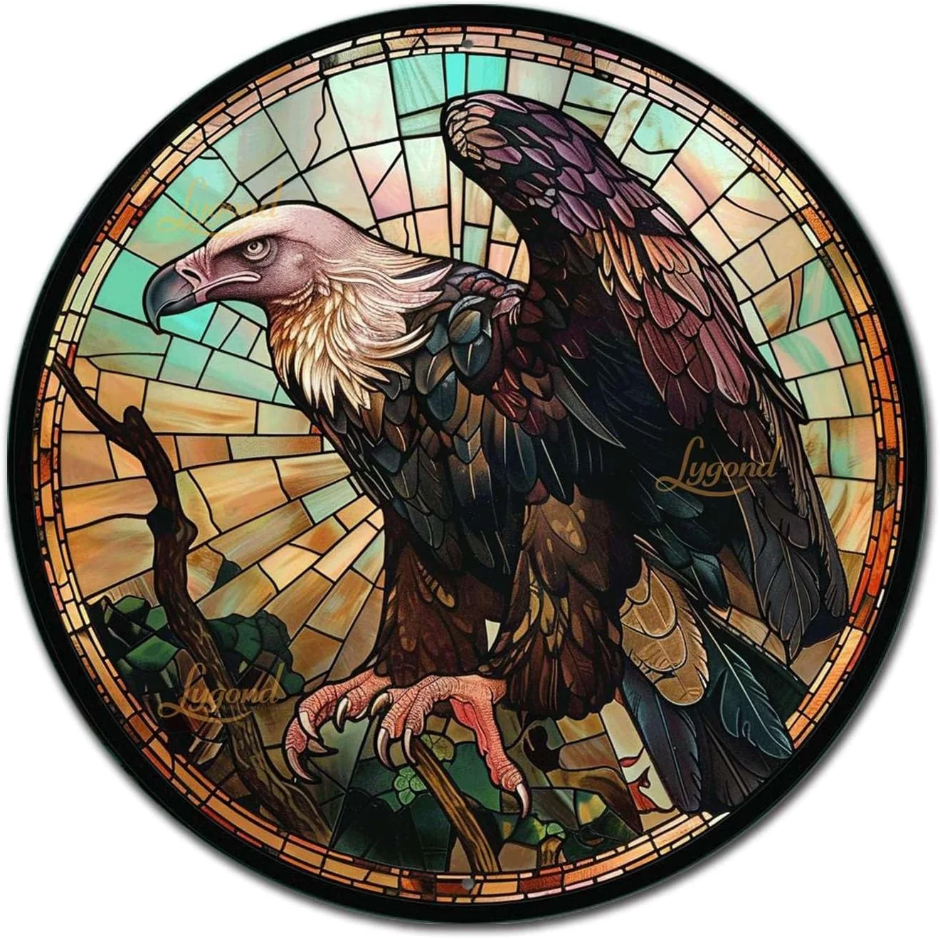 Prestigious Lygond Metal Sign Tin Sign Circular Stained Glass Vulture Boho Office Decor for Pet 12×12 Inches Easy-to-Use