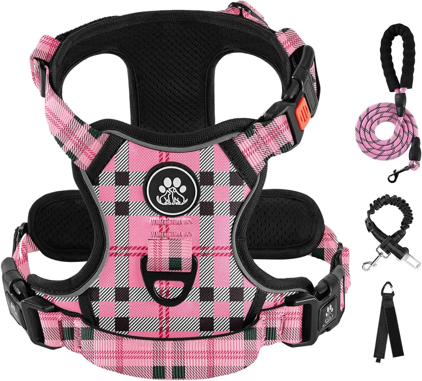 High-End IVY LANE No Pull Dog Harness with Leash Set Reflective No Choke Pet Vest Adjustable Oxford Dog Vest Harness with Easy Control Handle for Large Dogs Checkered Pink XL Secure