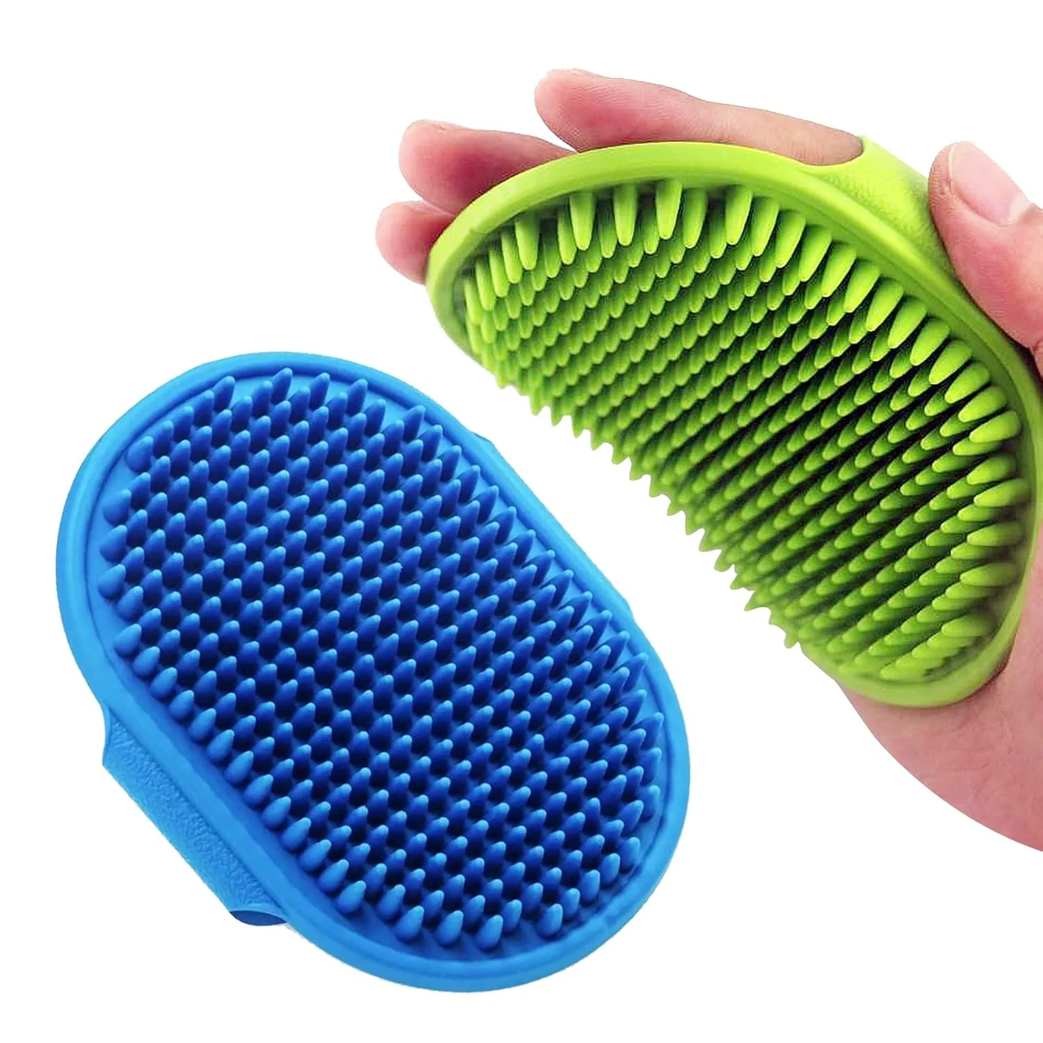 High-End Dog Grooming Brush Lilpep Pet Shampoo Bath Brush Soothing Massage Rubber Comb with Adjustable Ring Handle for Long Short Haired Dogs and Cats Blue Green pack of 2 Soft