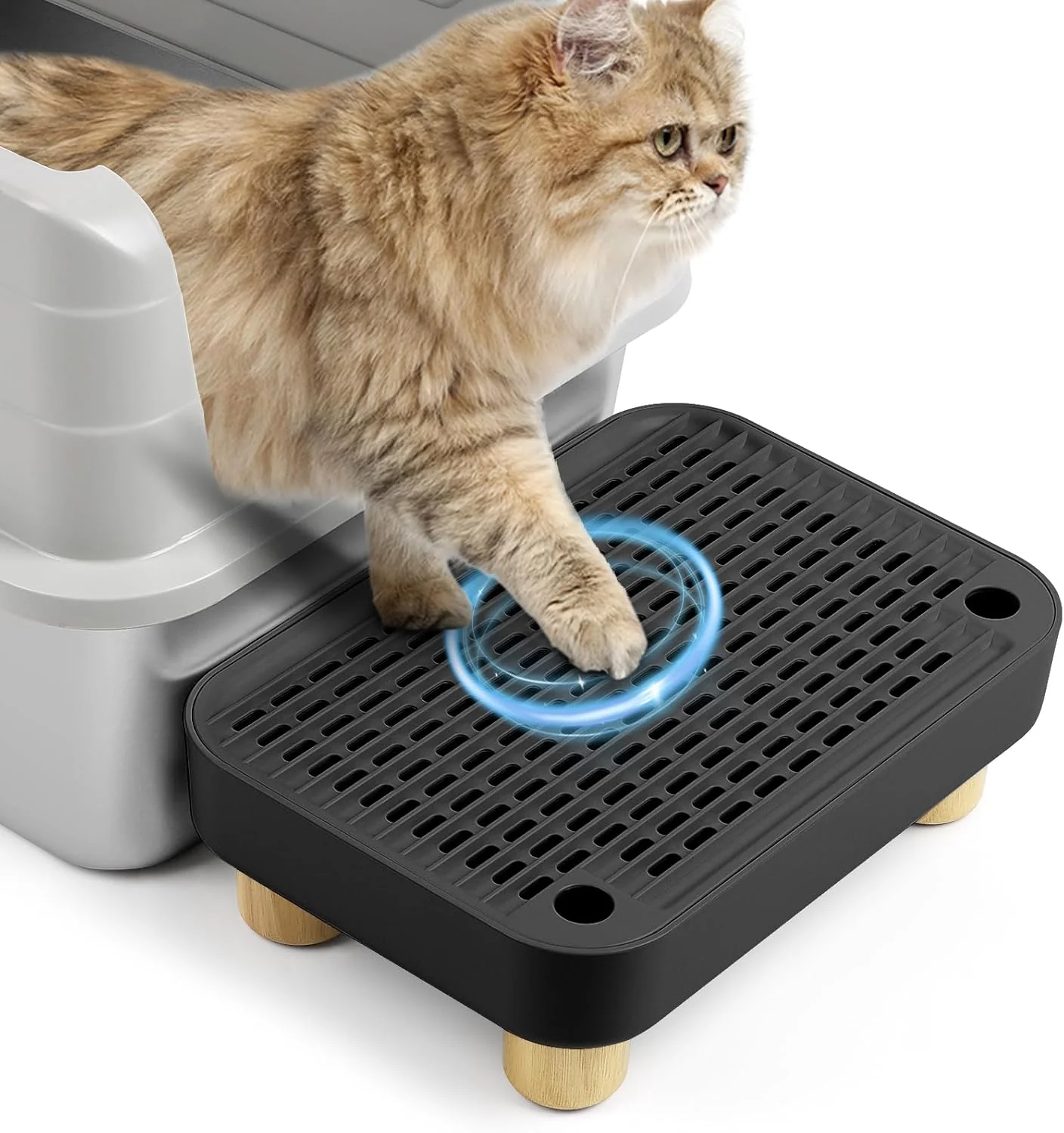 Original Design Cat Litter Box Step Ramp Cat Litter Catcher Mat with Wooden Feet Filter Function Cat Pedal Stool for Self-Cleaning Cat Litter Box I for Kitten Elderly Cats Black High-Grade