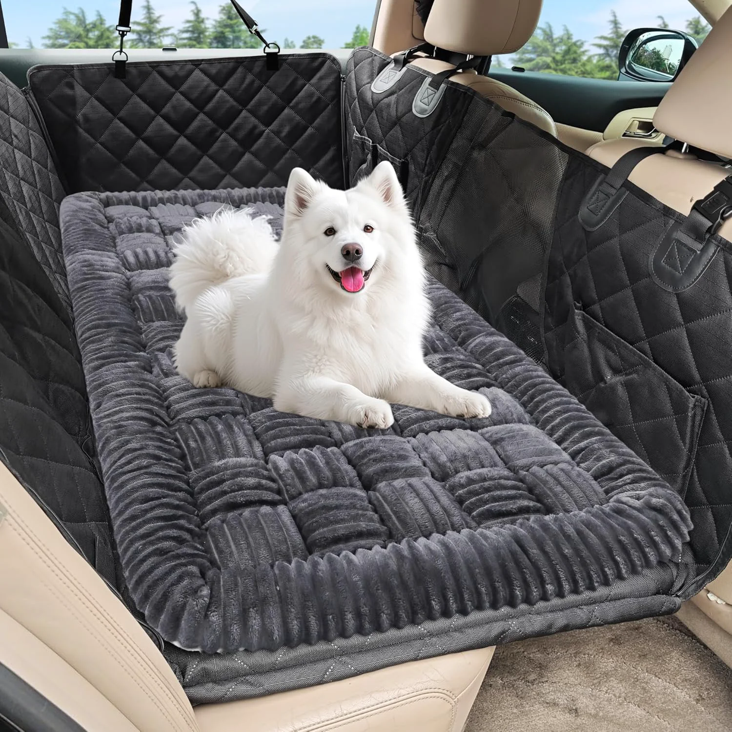 Minimalist Dog Car Bed Mat Non-Slip Backseat Extender Pet Blanket Plaid Dog Bed for SU Sedans Trucks Chew-Resistant Travel Pad for Dogs Easy Clean Scratch-Proof Comfort 50 ×24.6 Gray Secure