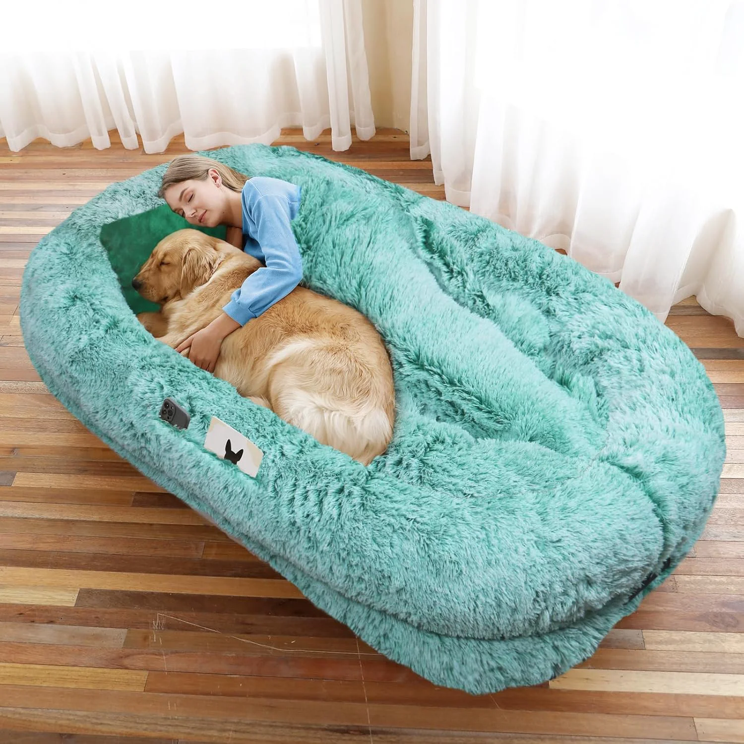 Comfortable Human Dog Bed 71''x45''x12'' Size Fits You and Pets Washable Faux Fur Pet Bed for People Doze Off Napping Orthopedic Dog Bed Present Plump Pillow Blanket Strap - GreenWhite Quality