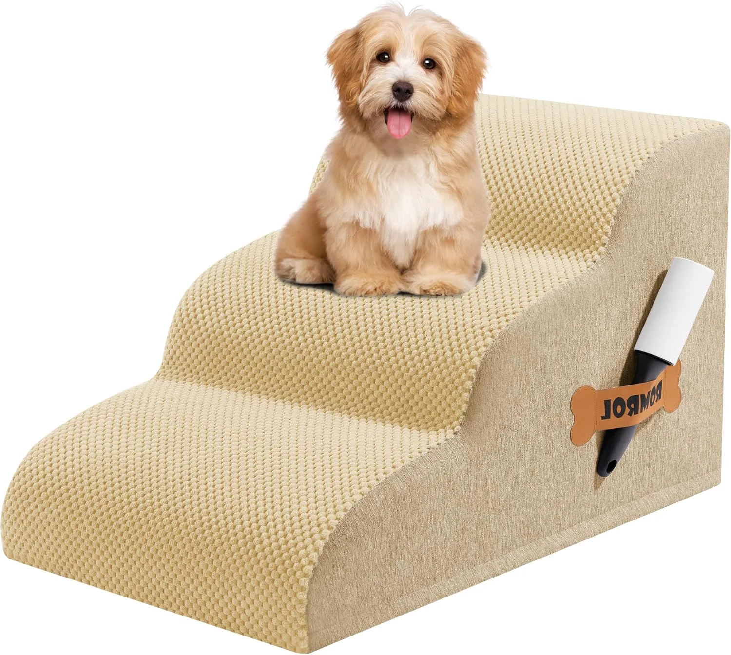 Minimalist Romrol Dog Stairs Ramp for Beds Couches Extra Wide Pet Steps with Durable Non-Slip Waterproof Fabric Cover Dog Slope Stairs for Small Dogs and Cats or Pets Friendly 3-Tiers 13 Inch Beige Effective