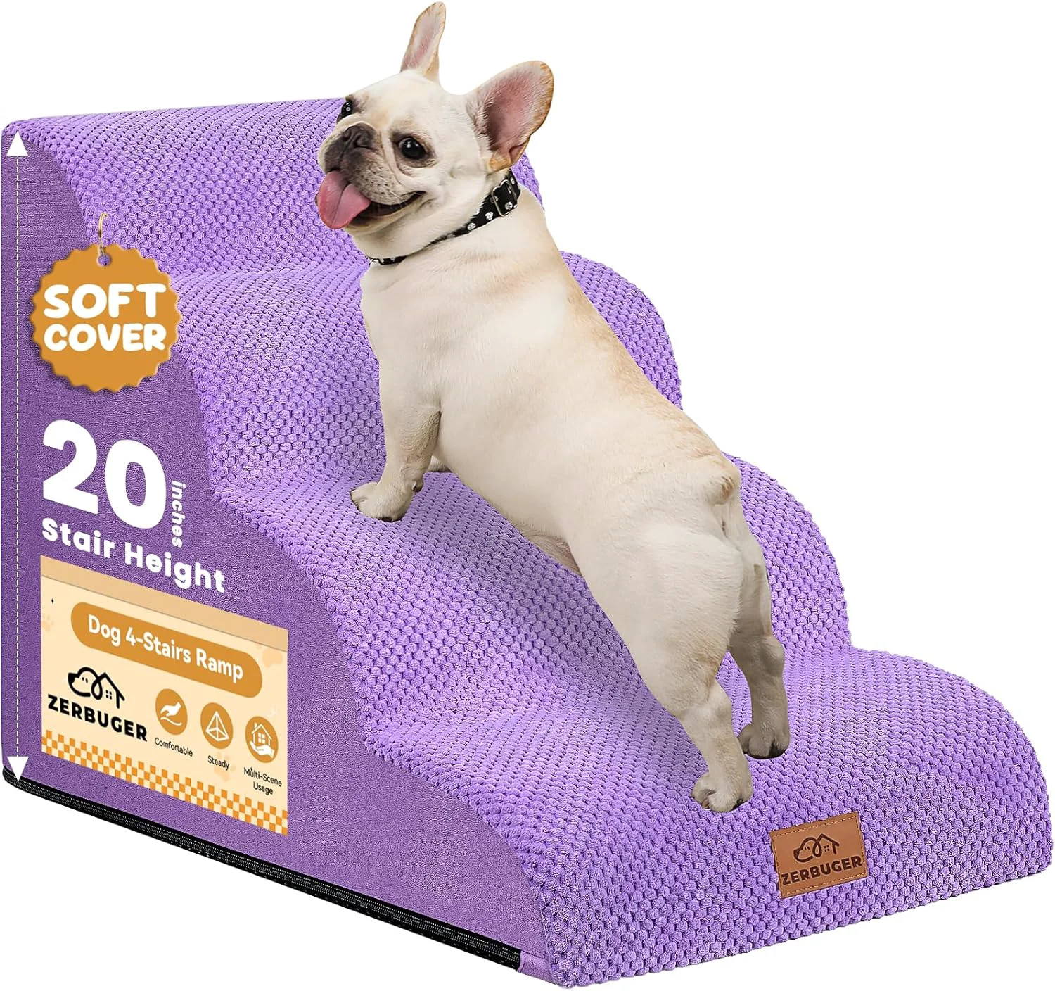 Top-Quality Dog Ramp and Stair for Bed 16 H-20 H 3-Step Cat Stair for Sofa and Chair 4-Step Dog Ramp for High Bed and Window Durable Nonslip Fabric Cover for Indoor Purple-20 H Pet Friendly 4 Premium