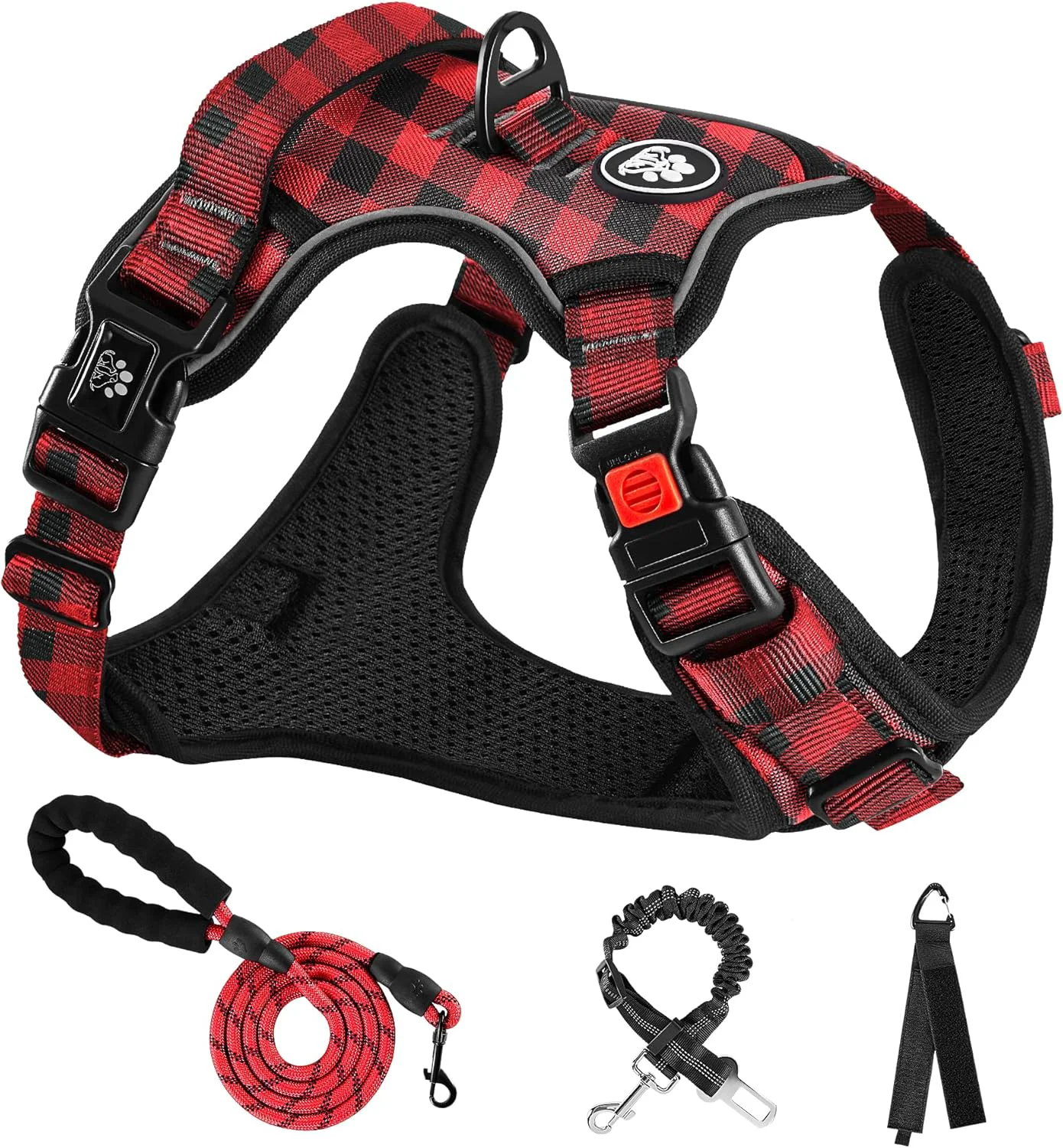 Long-Lasting NESTROAD No Pull Dog Harness with Leash Reflective No Choke Pet Vest Harness Adjustable Soft Padded Dog Harness with Easy Control Handle for Medium Dogs Checkered Red Medium Original