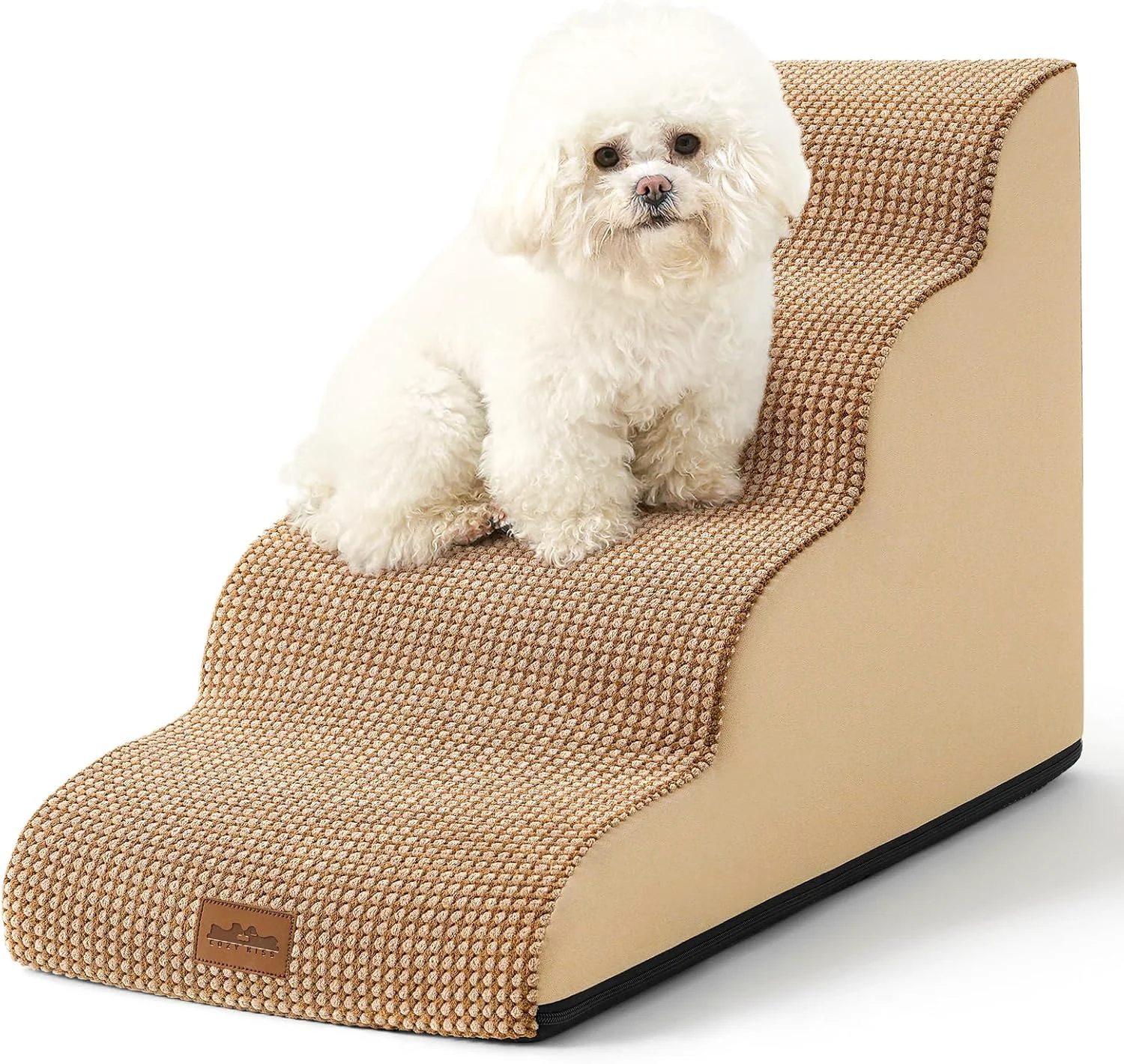 Innovative Dog Stairs for Small Dogs 19.7 H Curved Dog Step for Puppy Older or Cat Medium Pet Ramp for Sofa Couch or Bed Ladder with High Density Foam 15.7x28.3x19.7 inch 4 Step Light Brown Elegant