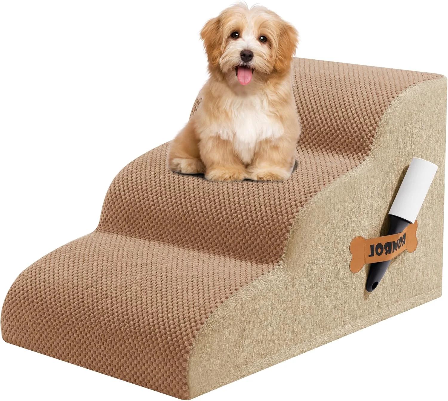 Powerful Romrol Dog Stairs Ramp for Beds Couches Extra Wide Pet Steps with Durable Non-Slip Waterproof Fabric Cover Dog Slope Stairs for Small Dogs and Cats or Pets Friendly 3-Tiers 13 Inch Light Brown Proven