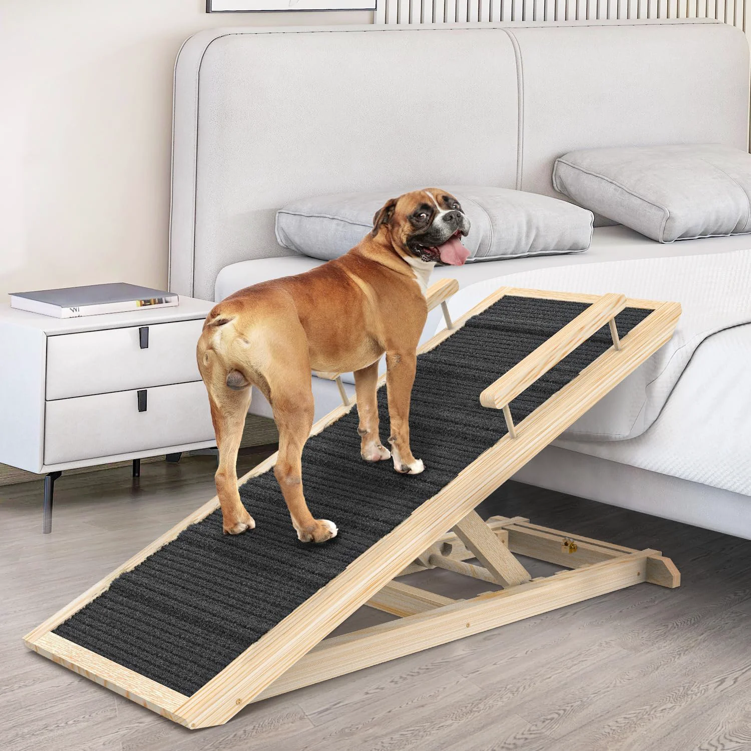 High-End Dog Ramp for Couch Bed or Car Wooden 44 Long Pet Stairs for Small Large Old Dogs Cats Hold up to 200lb 5 Adjustable Height from 14.96 to 22 Portable Doggie Steps Excellent Traction Green