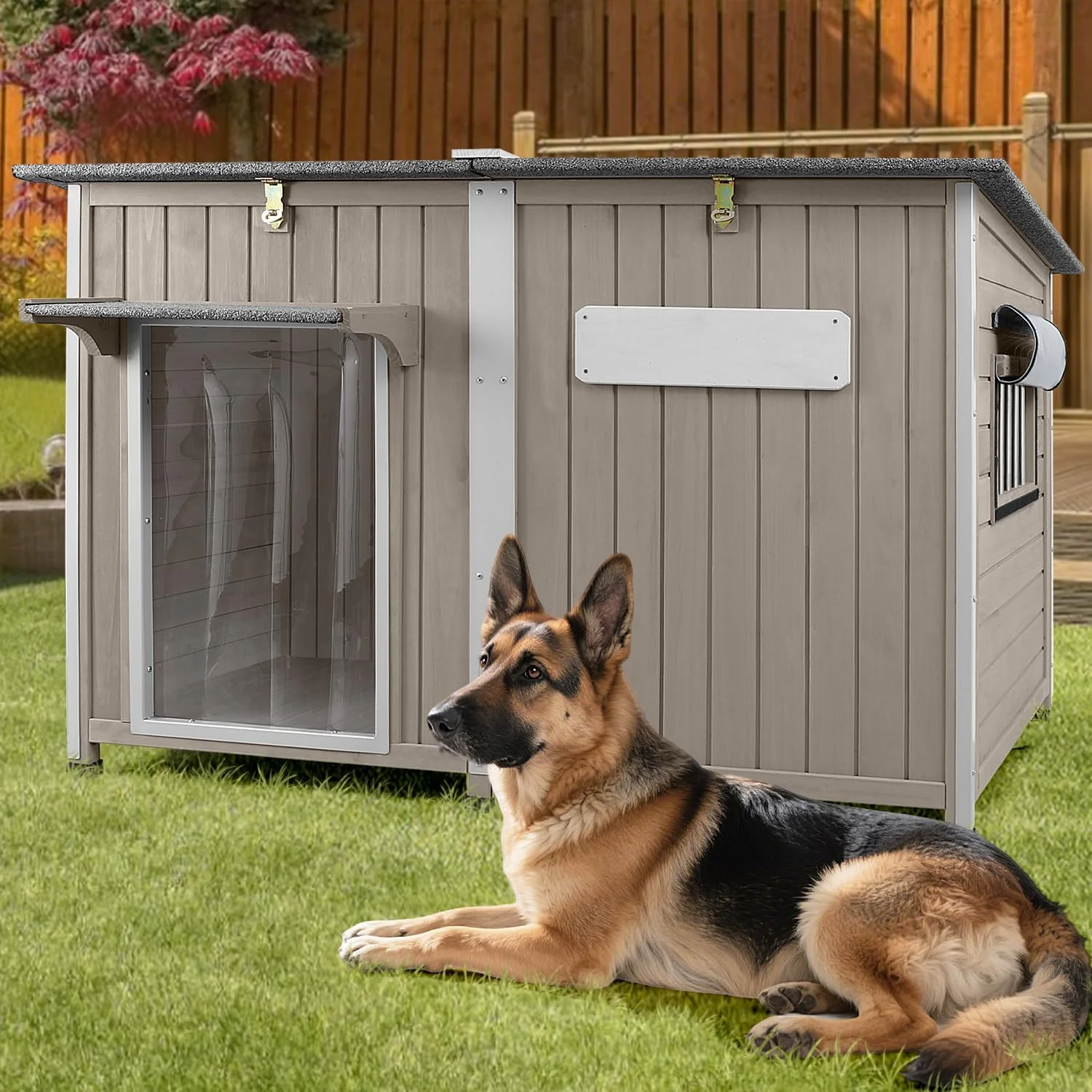 Premium Large Dog House Outdoor XL Wooden Dog House with Weatherproof Asphalt Roof Chew-Resistant Frame Removable Floor for Medium to Large Dogs Indoor Outdoor Use Grey 55.1 L x 33.1 W x 34.8 H Traditional